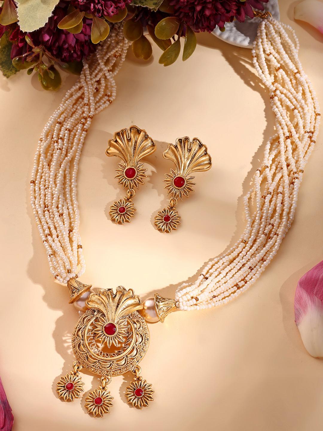 Buy ADIVA 22K Gold Plated Stone Studded & Pearls BeadedJewellerySet - - Accessories for Women