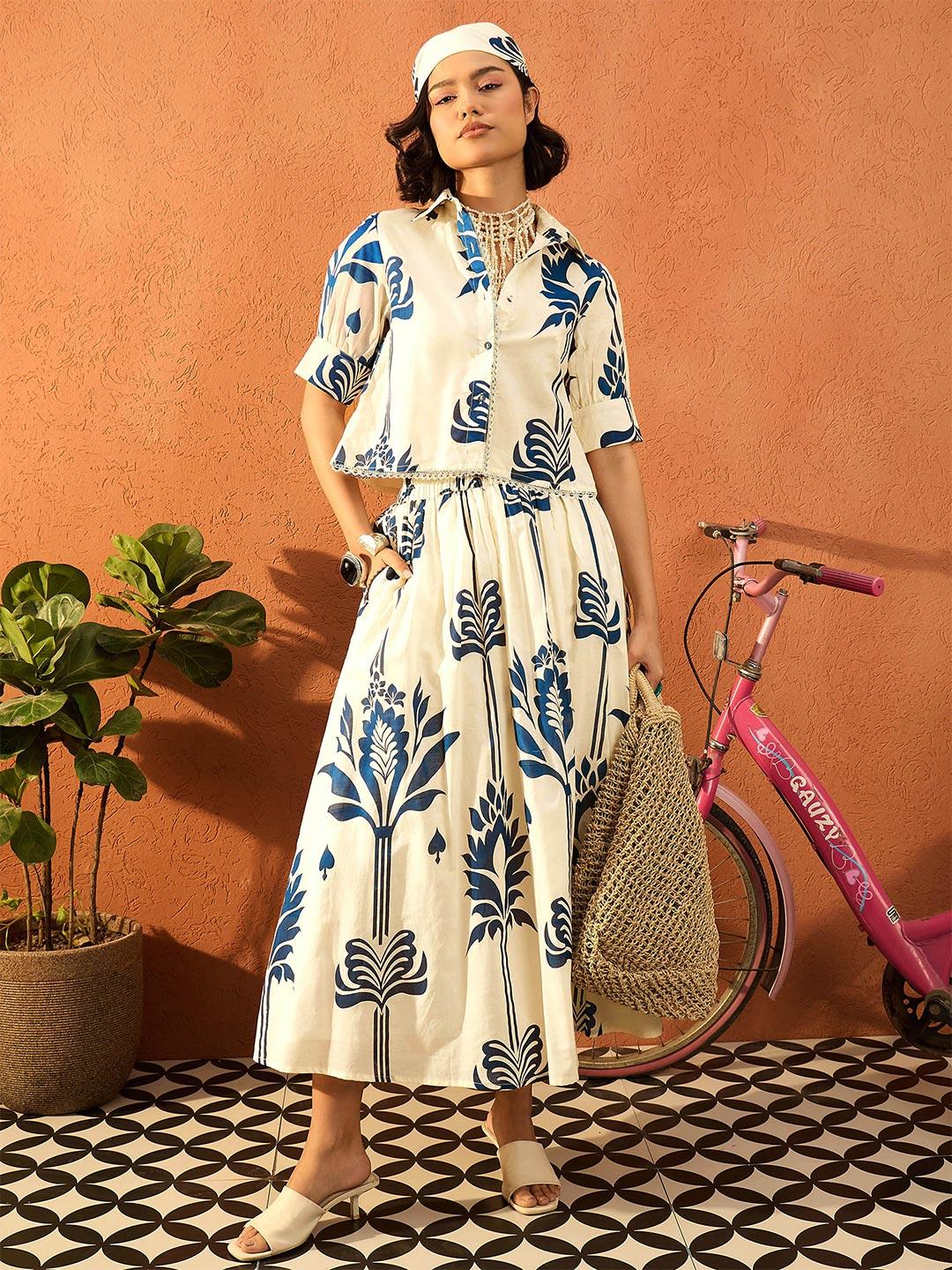 Buy Pink Paprika By SASSAFRAS Printed Pure Cotton Collar Neck Shirt & Gathered Skirt Co Ords -  - Apparel for Women