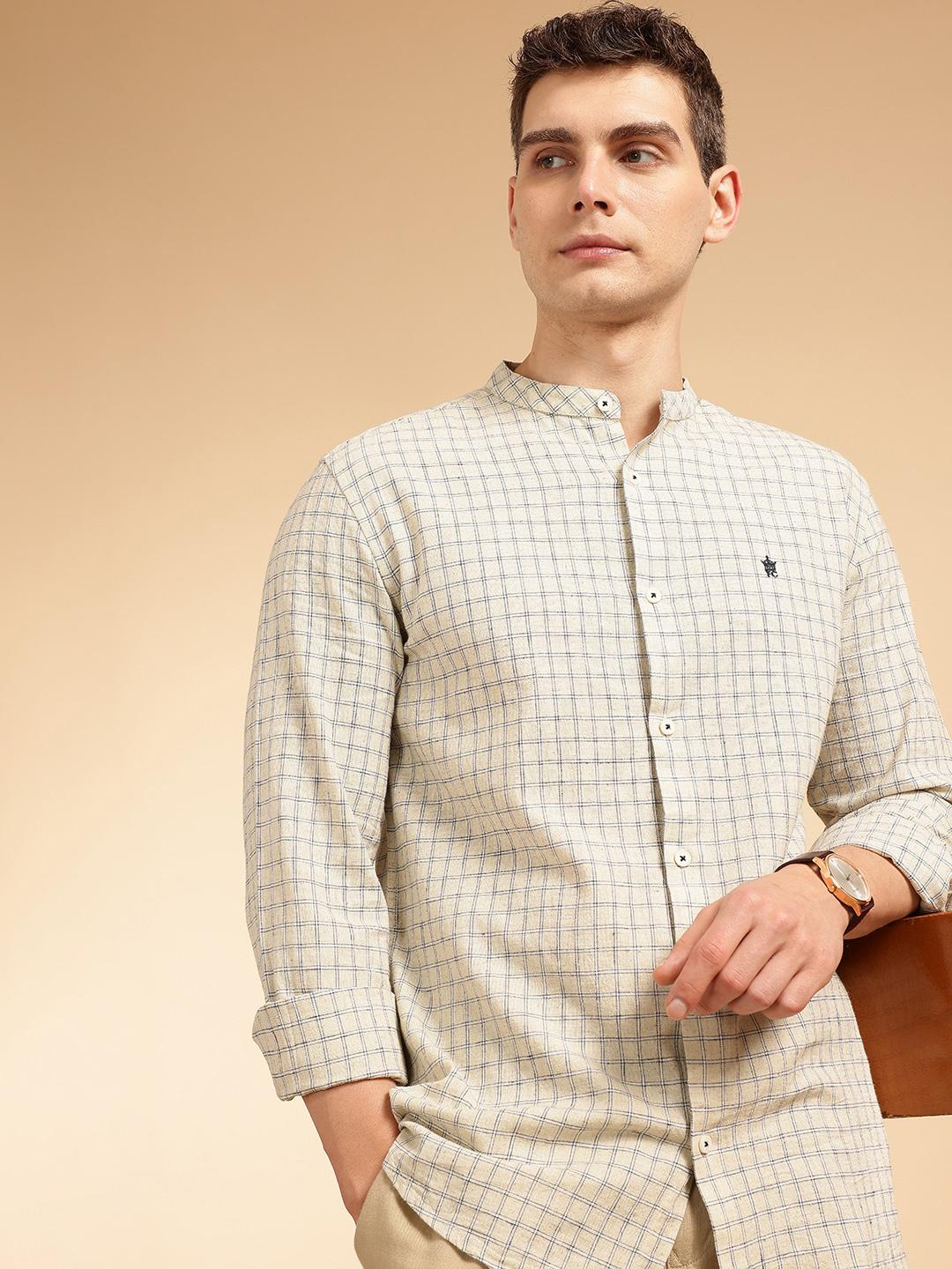French Connection Men Premium Slim Fit Checked Mandarin Collar Cotton Linen Casual Shirt