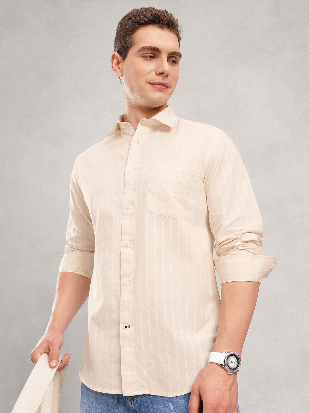 Nautica Men Striped Slim Fit Cotton Linen Shirt