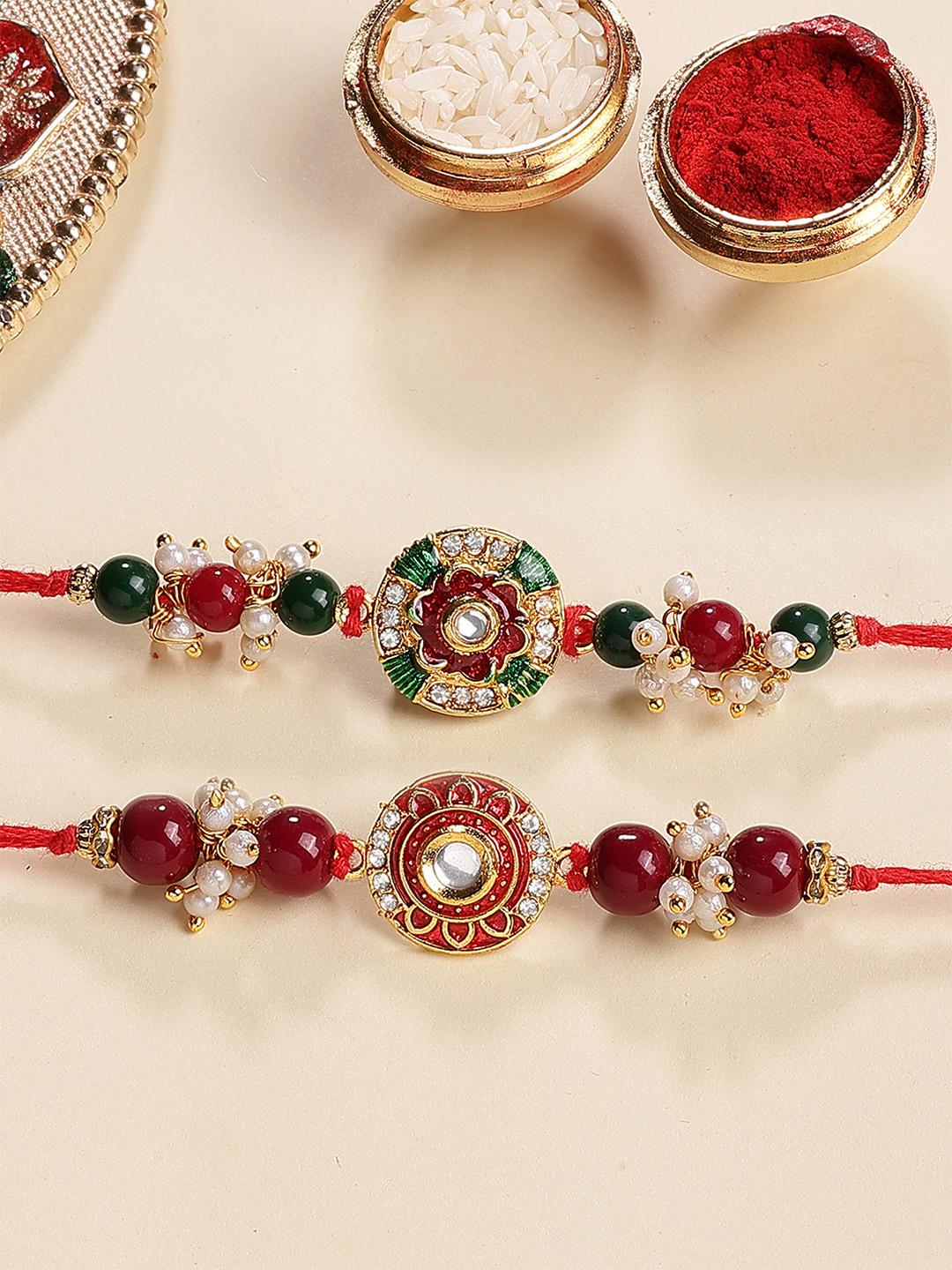 Buy KARATCART Set Of 2 Enamel Floral Kundan Thread Rakhi For Brother ...