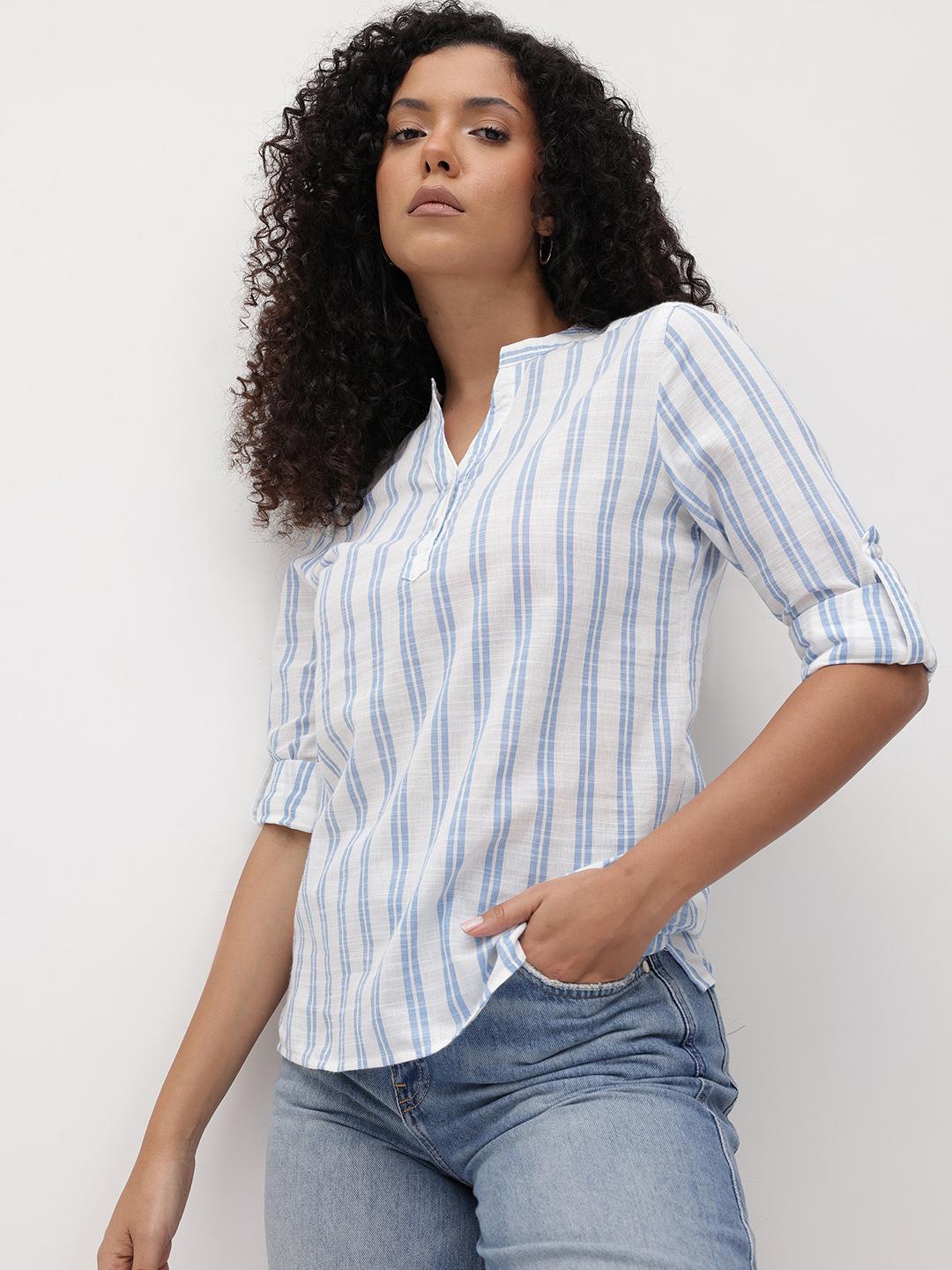 Striped Mandarin Collar Shirt Style Polyester Top