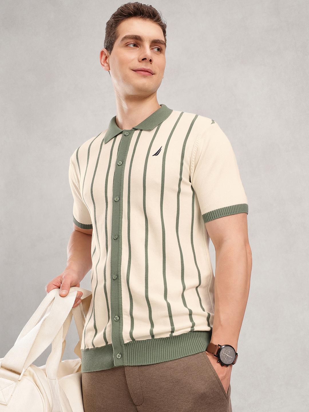 Nautica Men Premium Striped Pure Cotton Casual Shirt