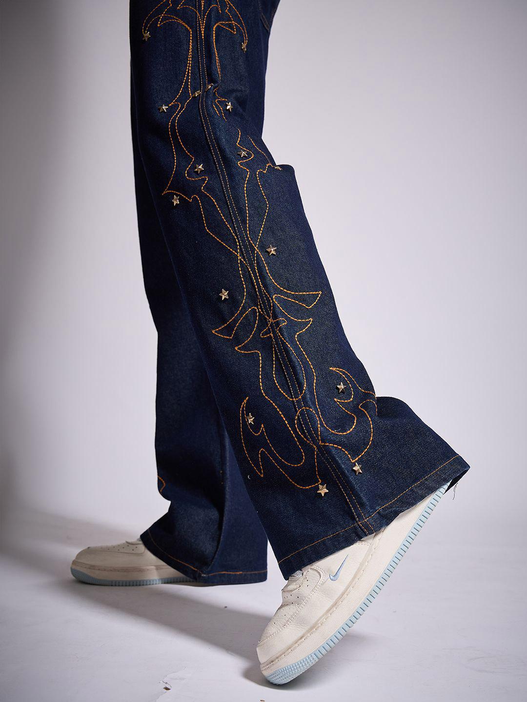 FUGAZEE Men Bootcut Mid-Rise Embroidered Denim Jeans