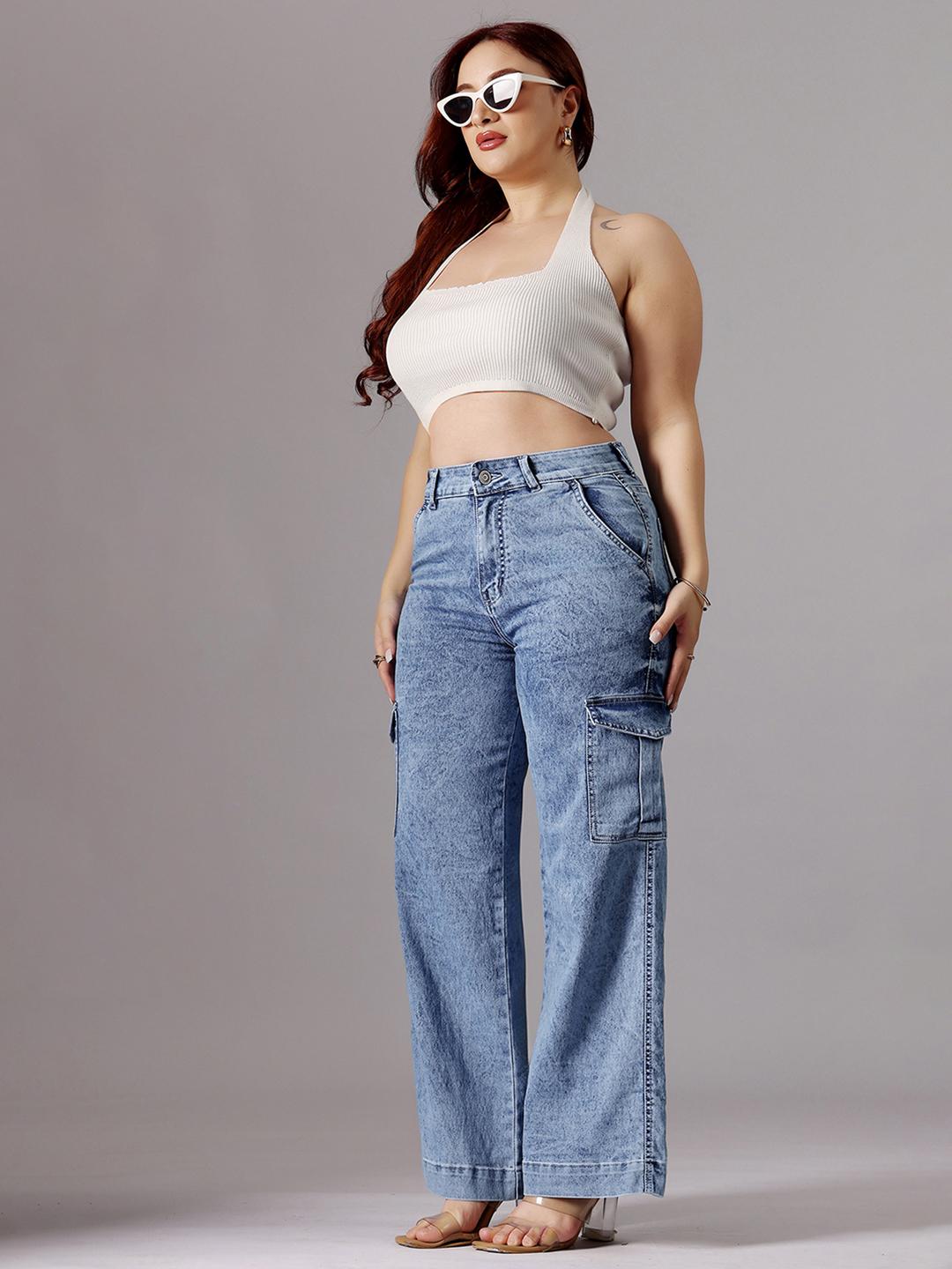Miss Chase A+ Women Plus Size Wide Leg High-Rise Heavy Fade Stretchable Cotton Cargo Jeans