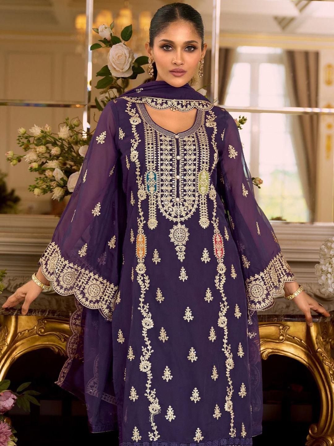 Schiffli Embroidered Purple Organza Straight Kurta Suit