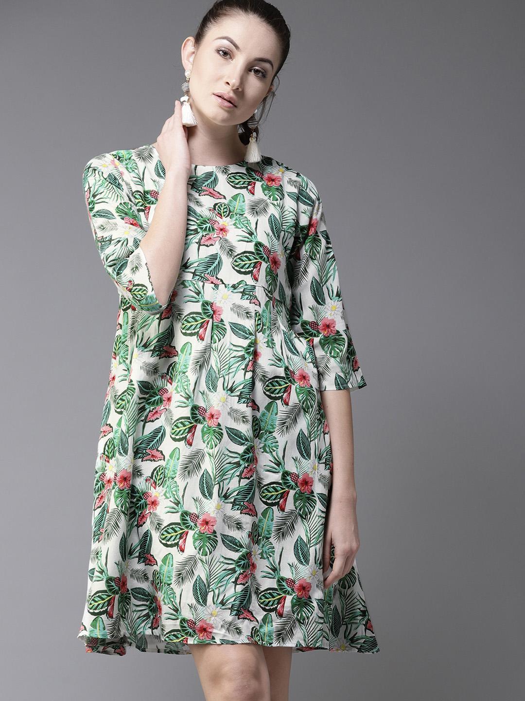 Women'S Green Printed A-Line Dress main image 1