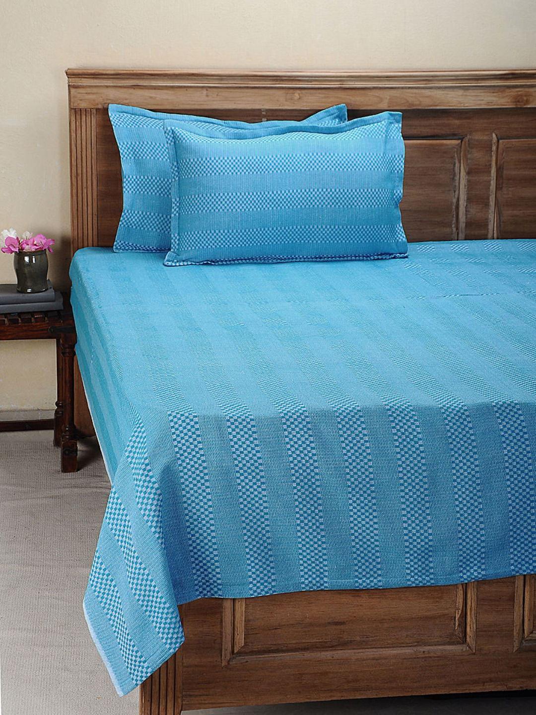 Blue - Kutch Weave Pure Handloom Cotton Double Bed Cover (108 x 92)