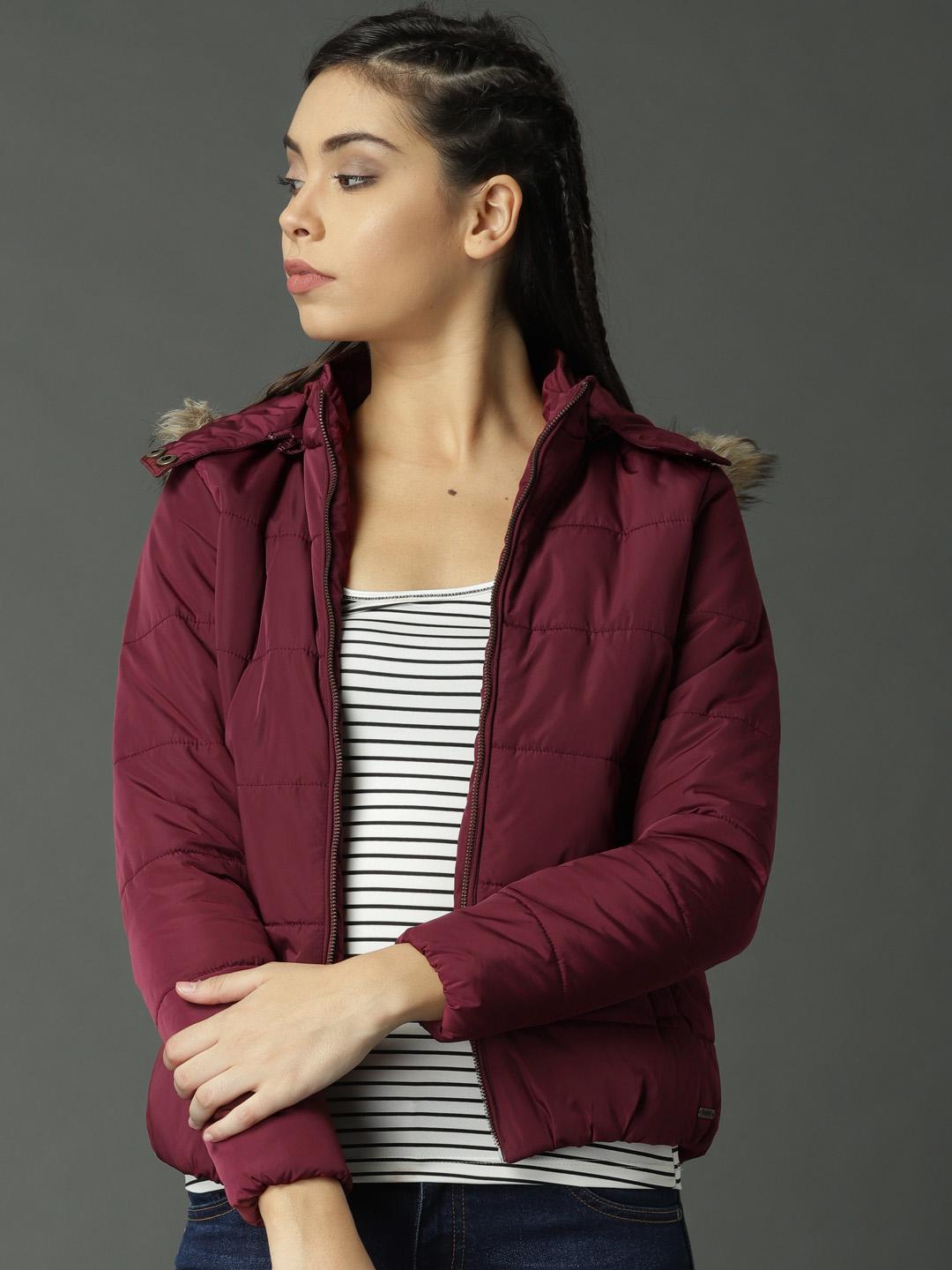 Roadster Women Maroon Solid Parka Jacket