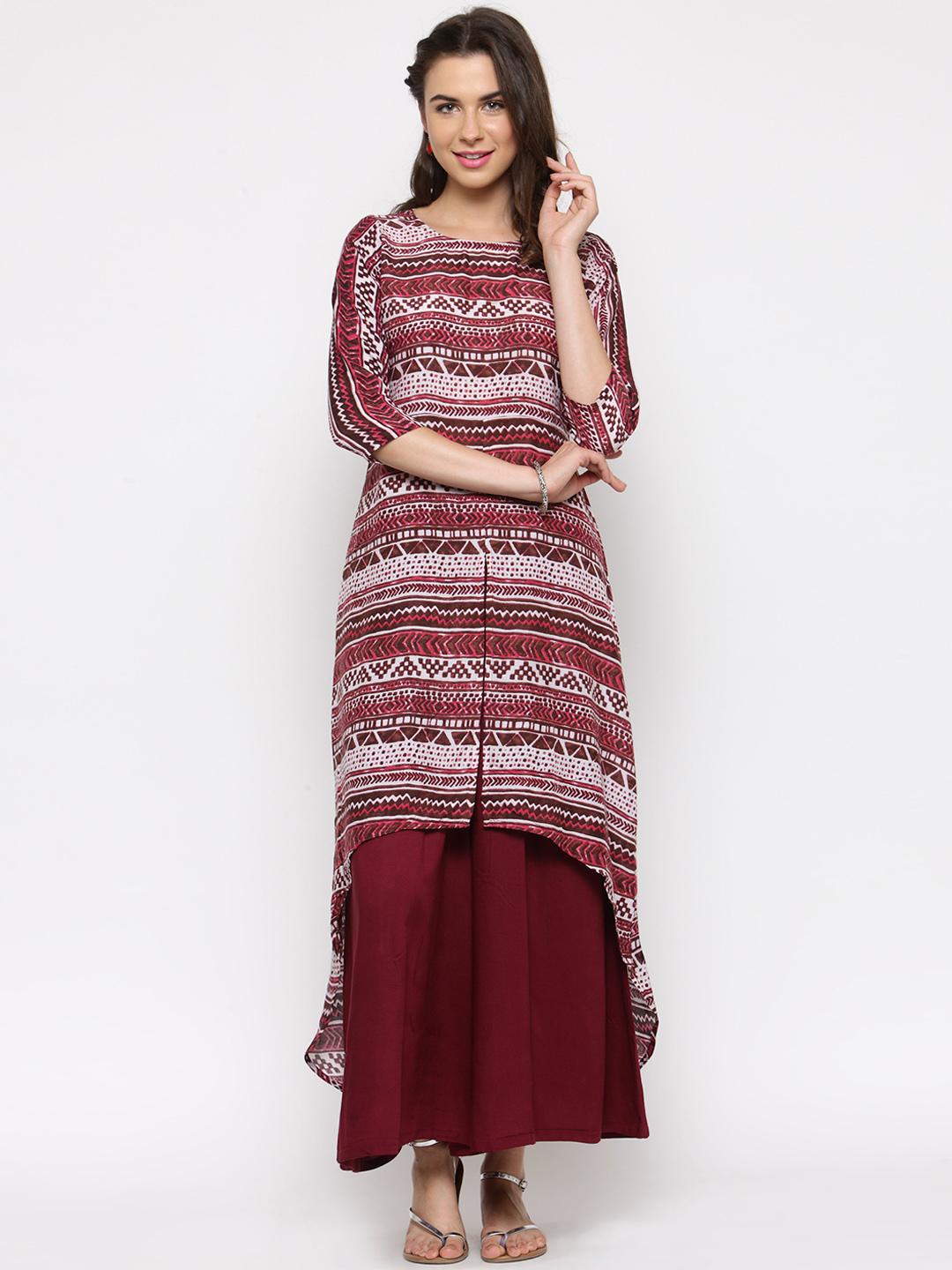 Women  Maroon Printed Straight Kurta Palazzos Set