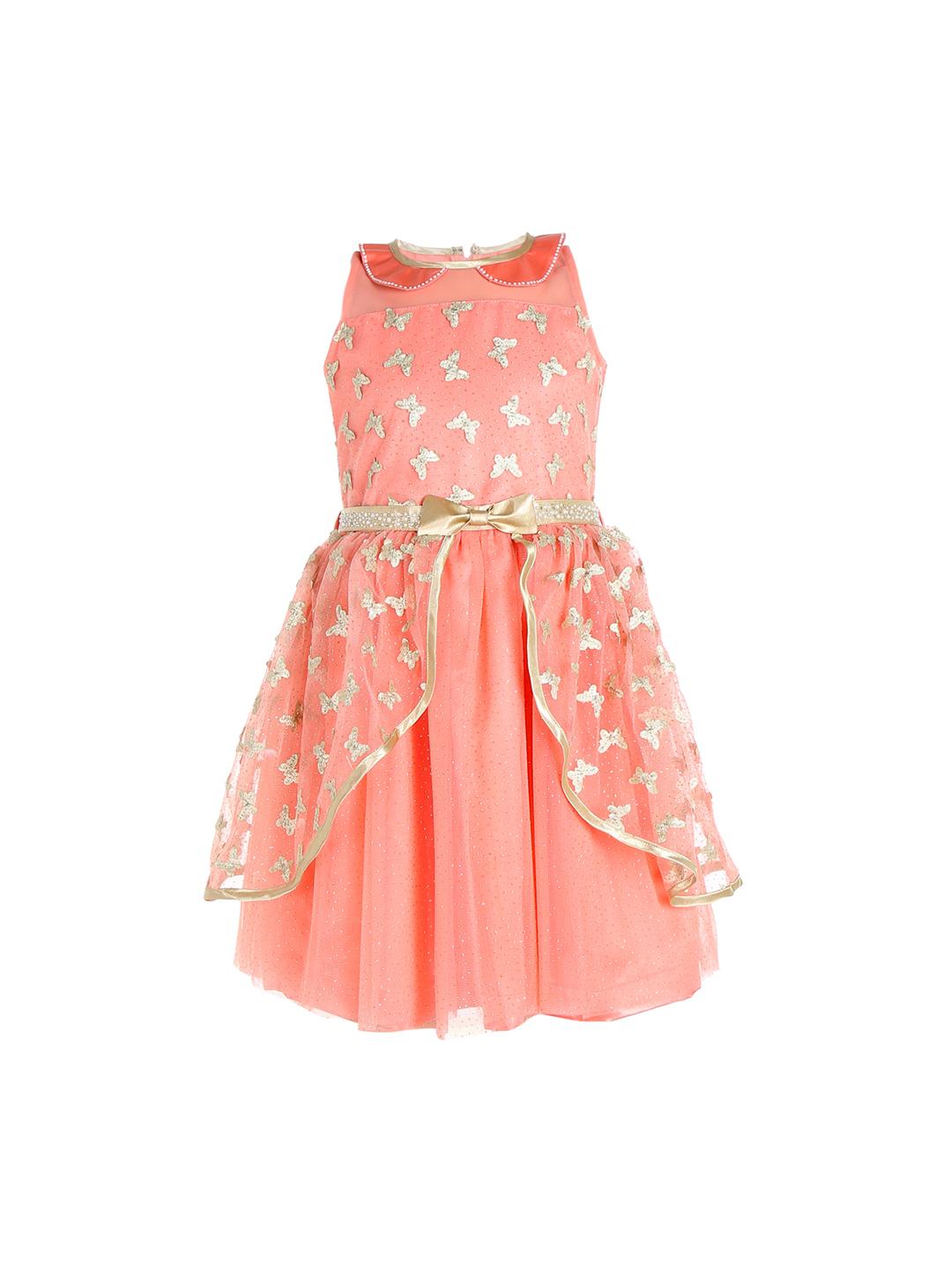 Girls Peach-Coloured Embroidered Fit And Flare Dress