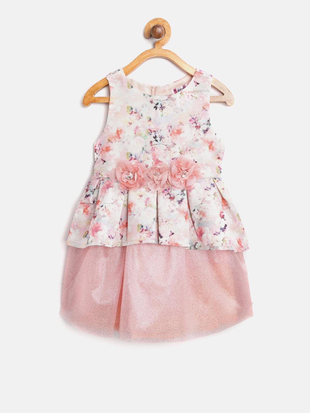 Nauti Nati Girls Floral Embroidered Pure Cotton A-Line Dress