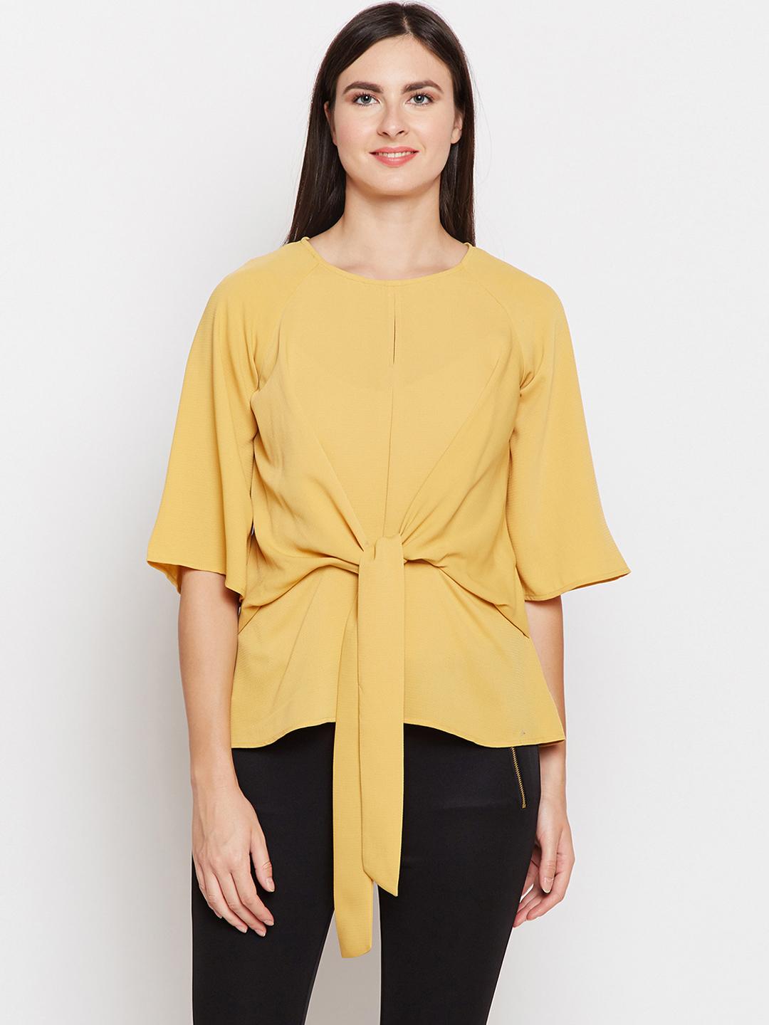 Buy Taanz Women Yellow Solid Cinched Waist Pure Cotton Top Tops for — free download