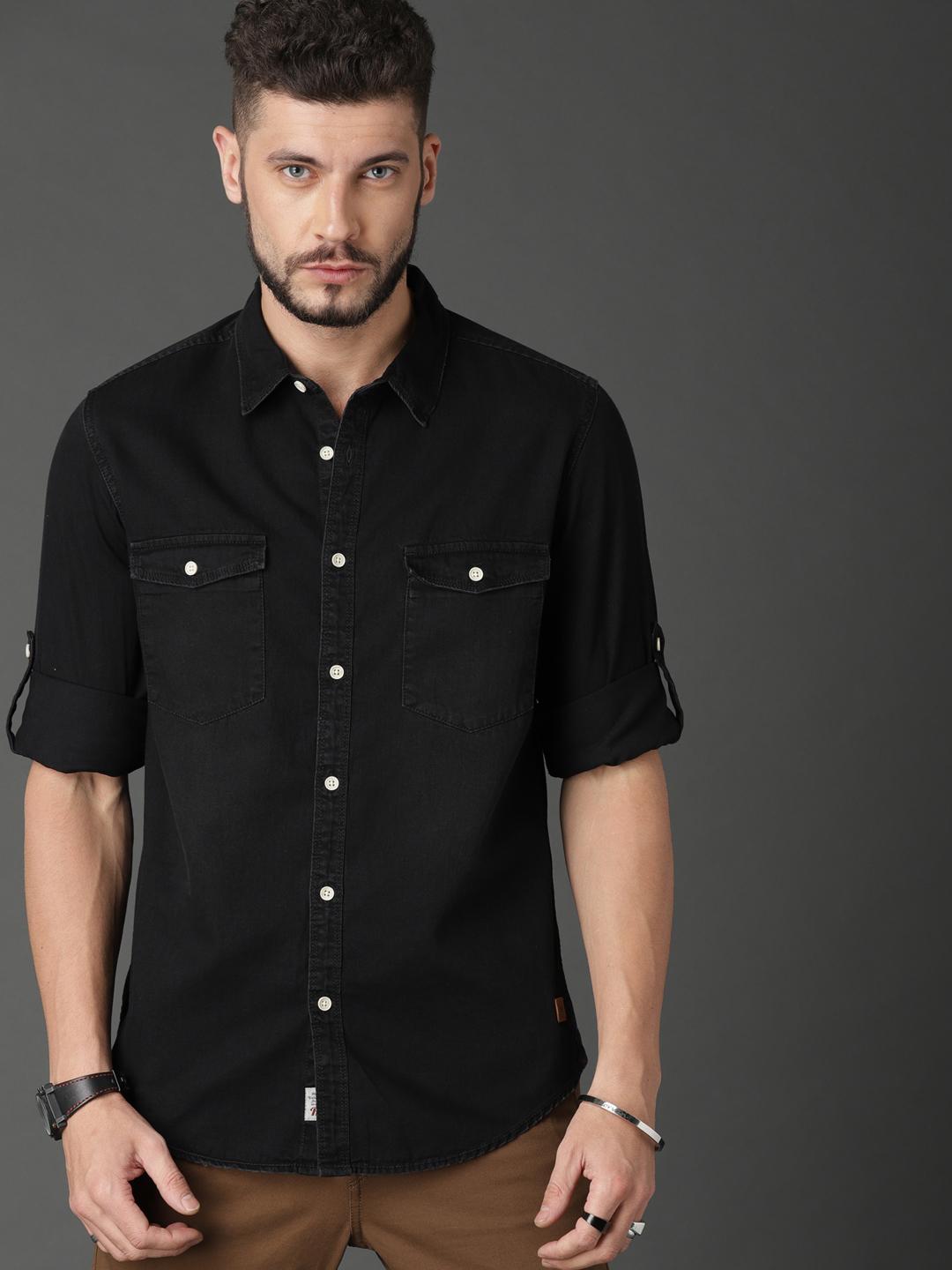 Roadster Men Black Regular Fit Solid Casual Denim Shirt