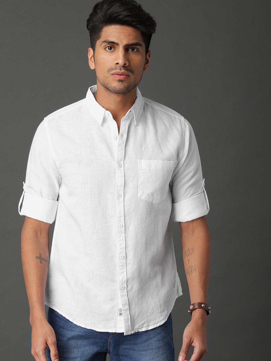 Roadster Men White Cotton Linen Shirt