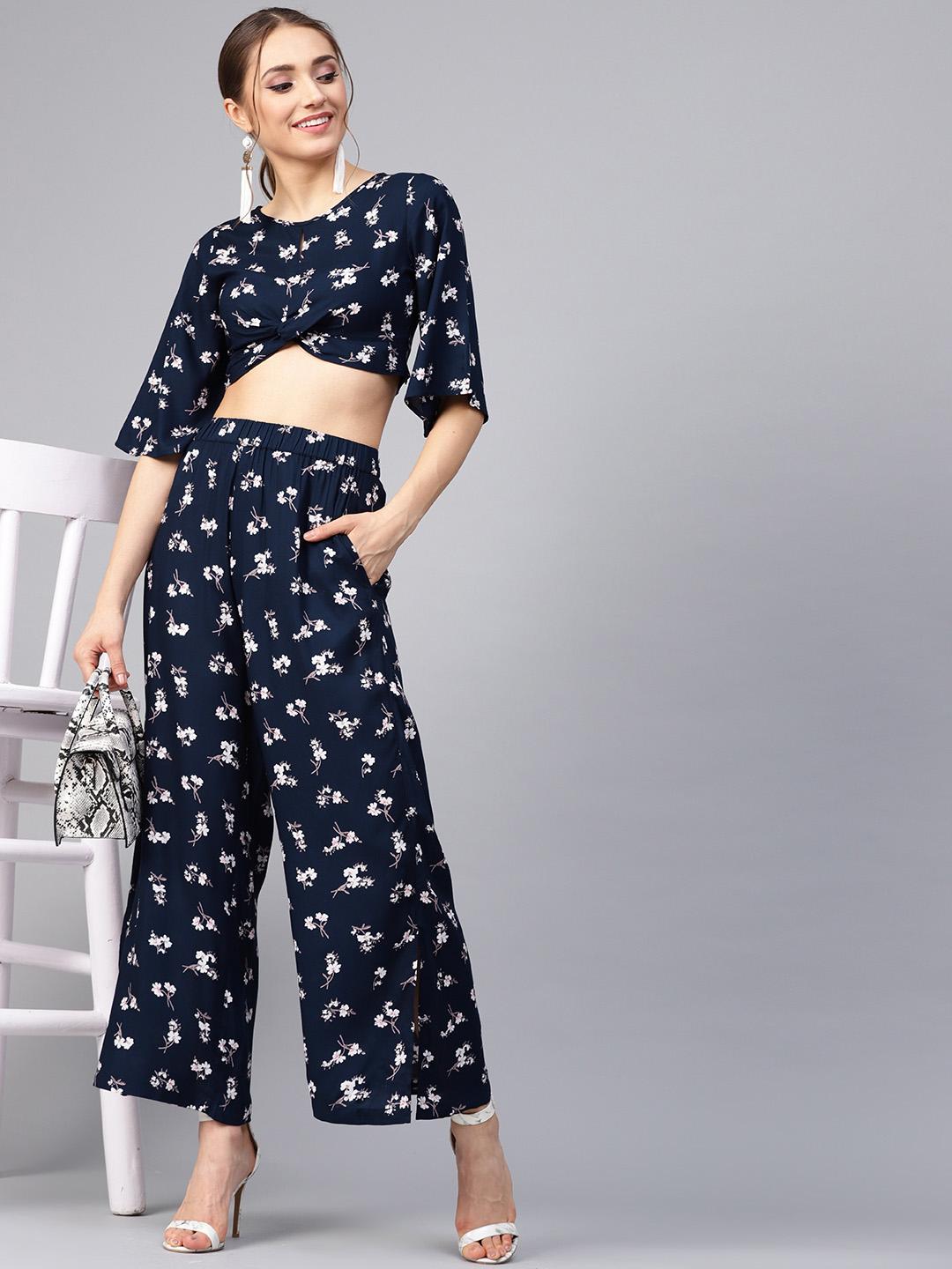Nautinati Girls Ethnic Printed Crop Top With Palazzos