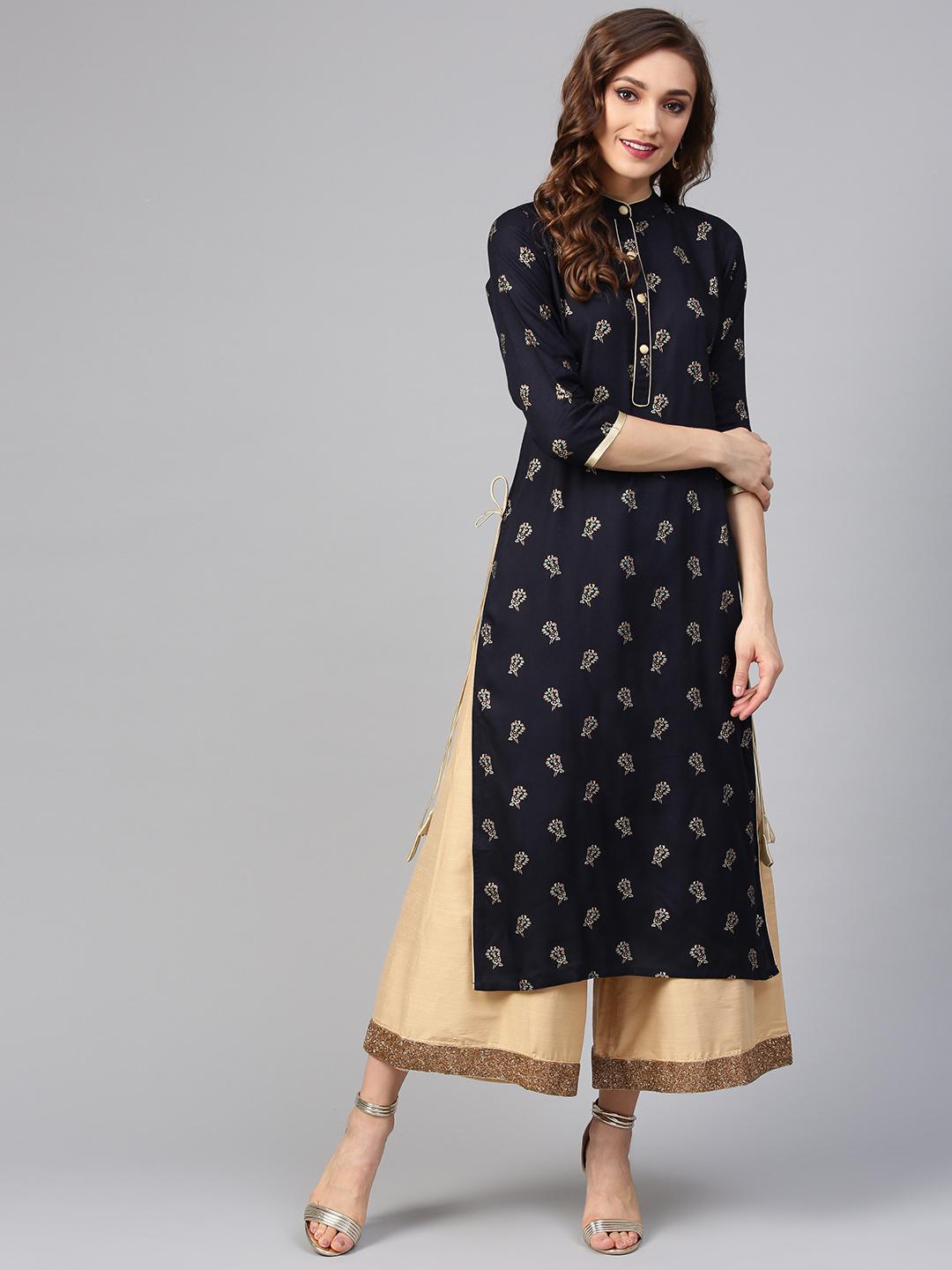 Women Navy Blue & Golden Printed Kurta With Trousers