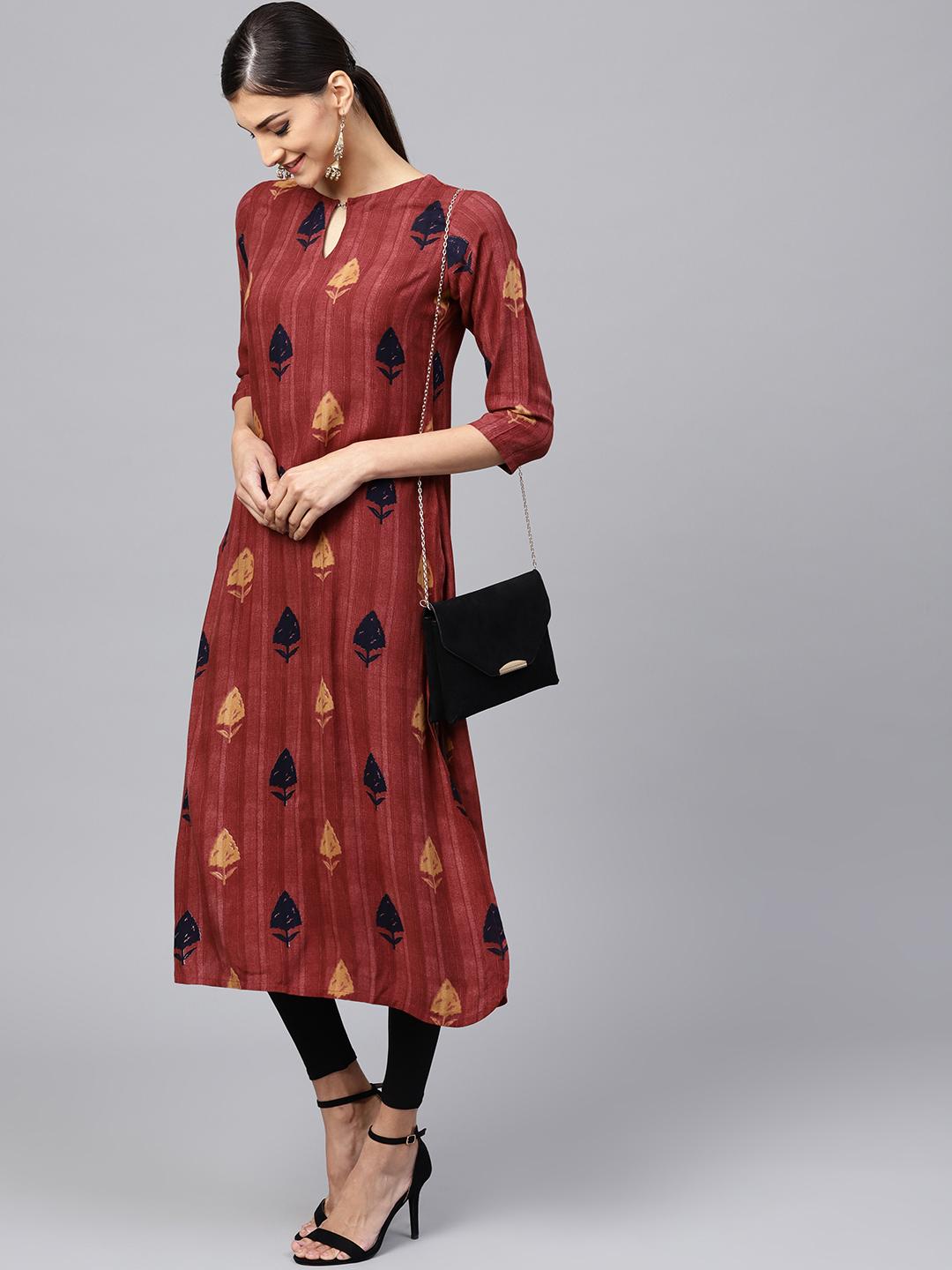 Indo Era Maroon Printed Straight Kurtas