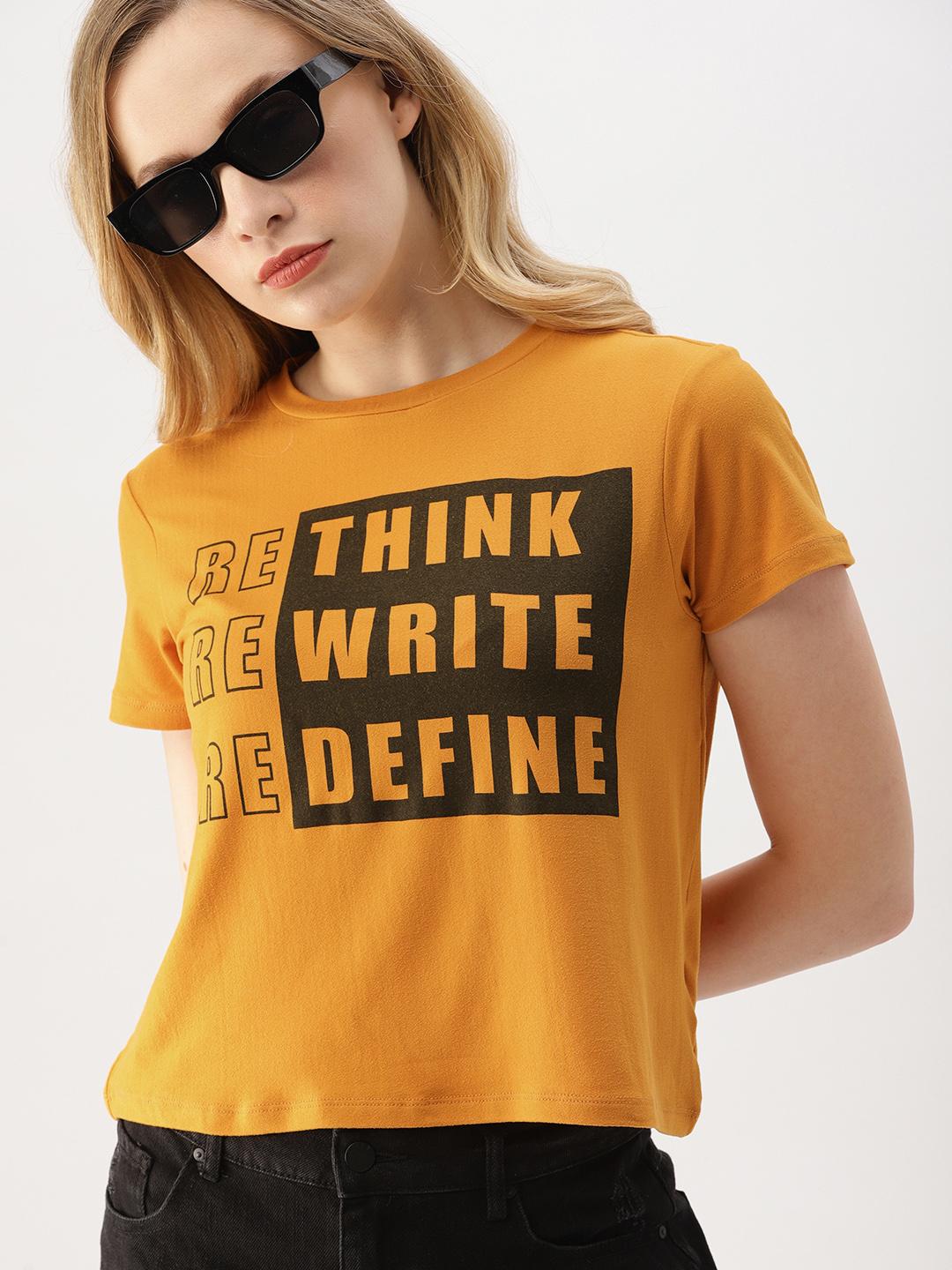 Buy DressBerry Women Mustard Yellow Printed Round Neck T Shirt ...
