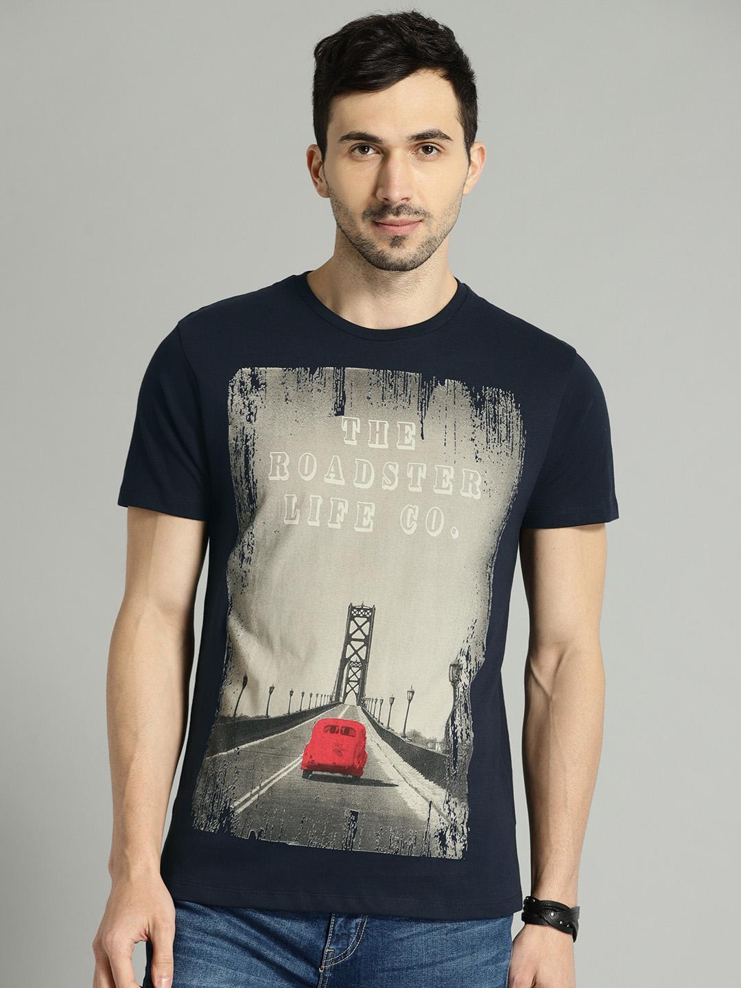 Buy Roadster Men Navy Blue Printed Round Neck Pure Cotton T Shirt ...