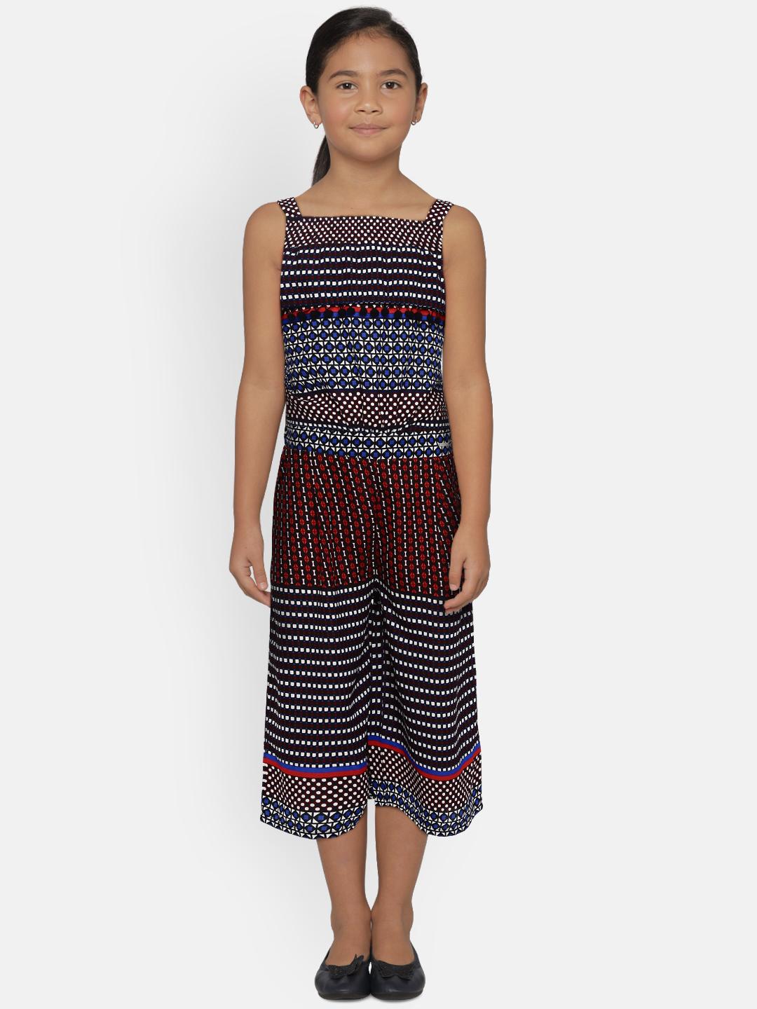Girls Navy Blue & Green Printed Basic Jumpsuit main image 1