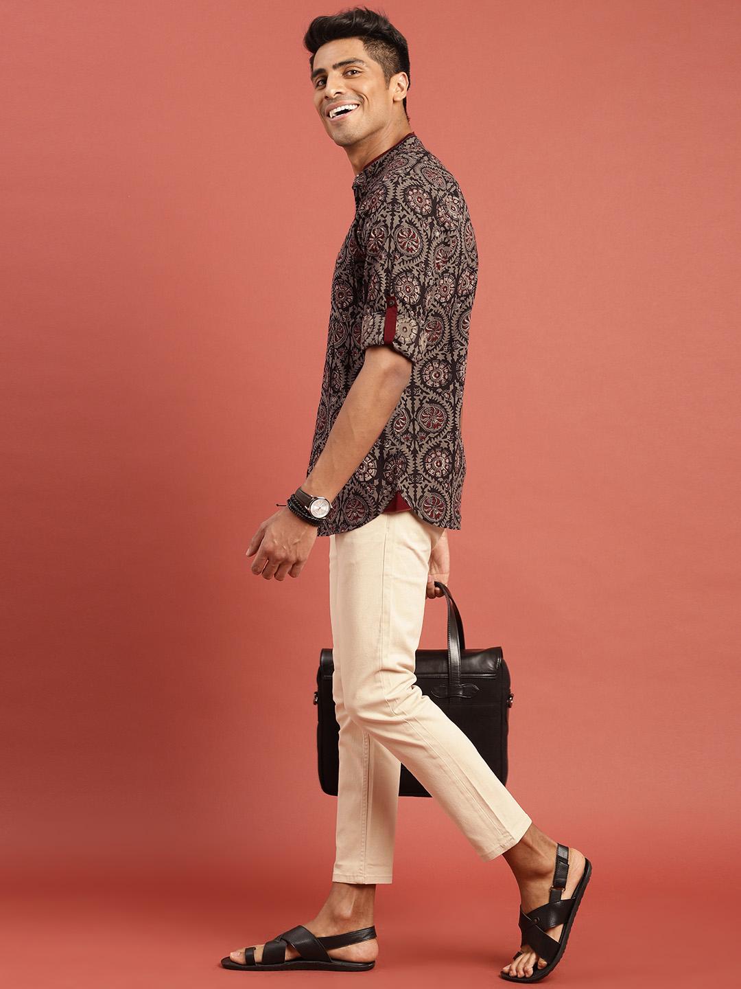 Taavi Men Grey & Black Hand Block Print Legacy Casual  Shirt with Roll-Up Sleeves