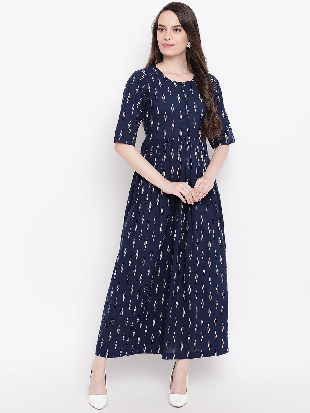 Women'S Navy Blue & White Printed A-Line Dress main image 1