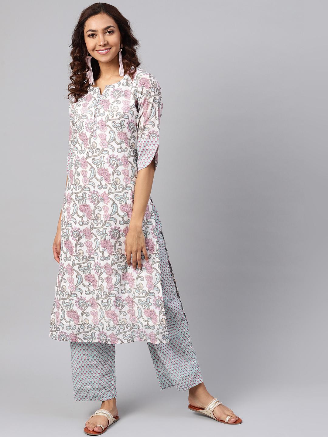 Women'S White & Blue Printed Kurta With Palazzos main image 1