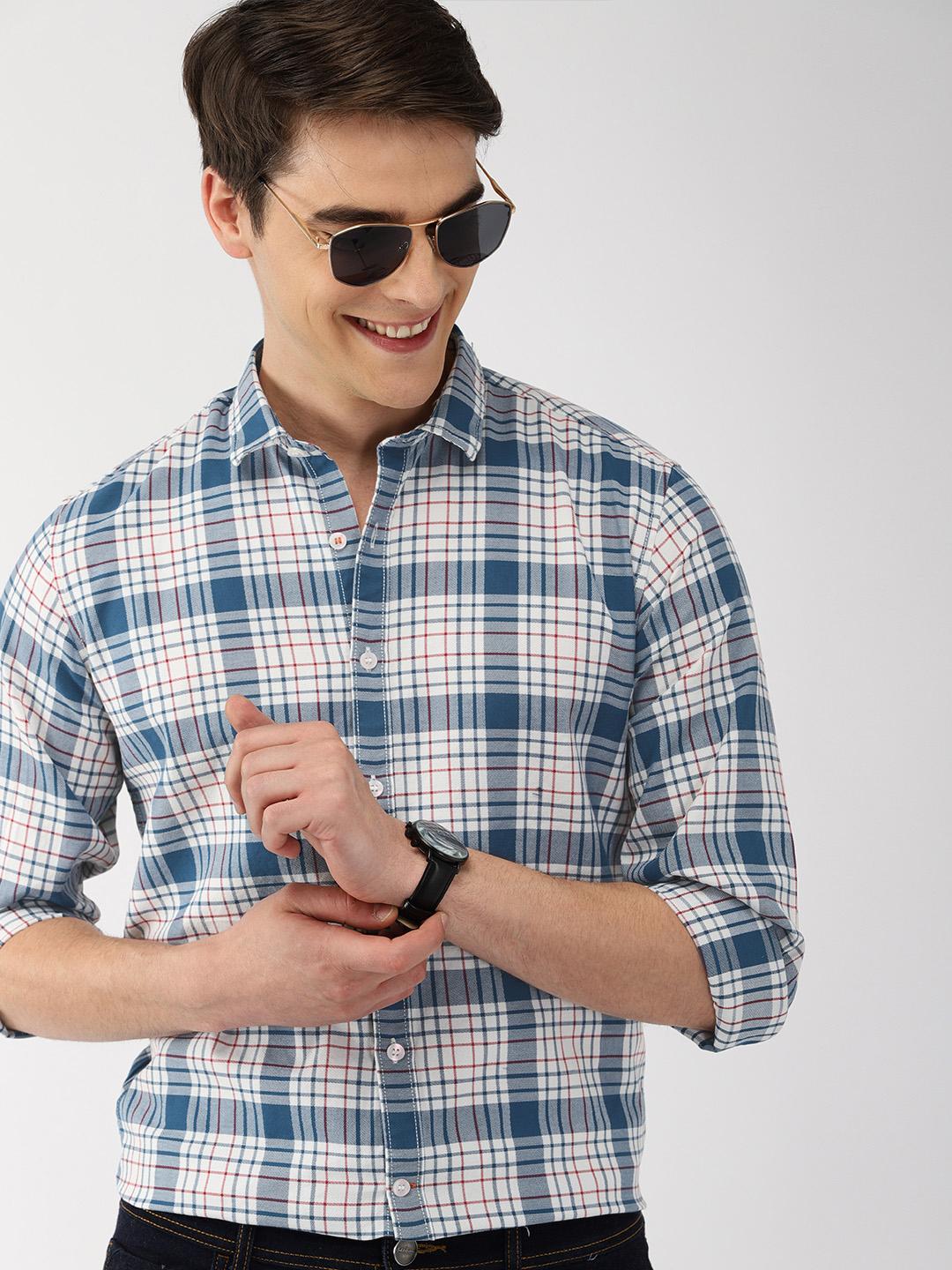 Mast & Harbour Men Blue &Off  White Checked Cotton Casual Shirt