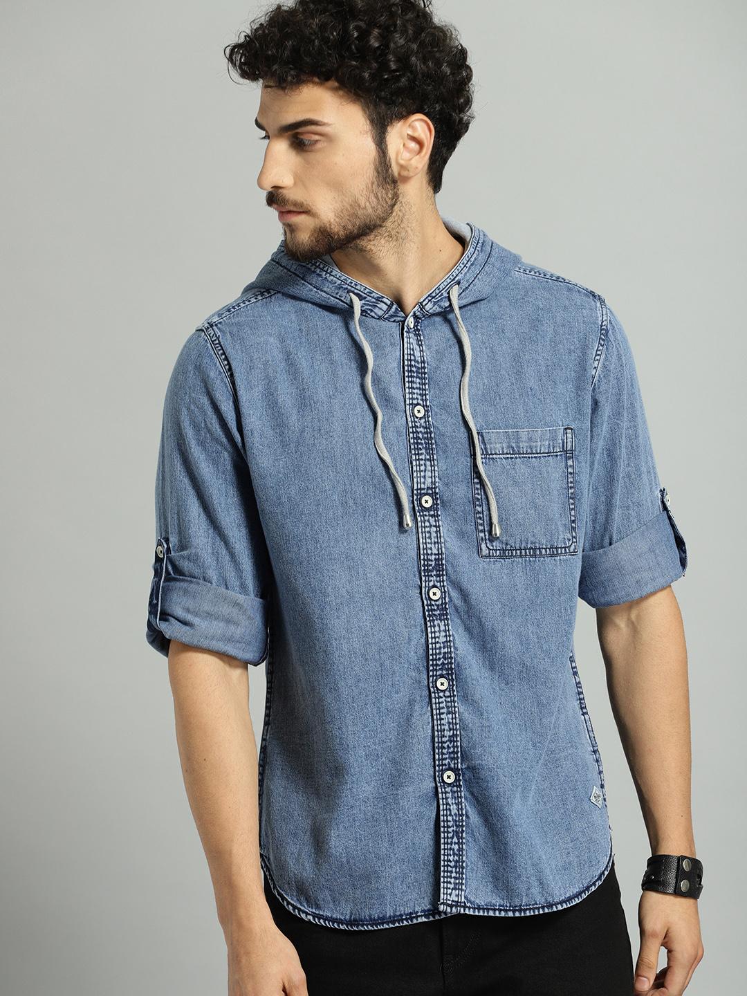 Roadster Men Blue Casual Hooded Denim Shirt