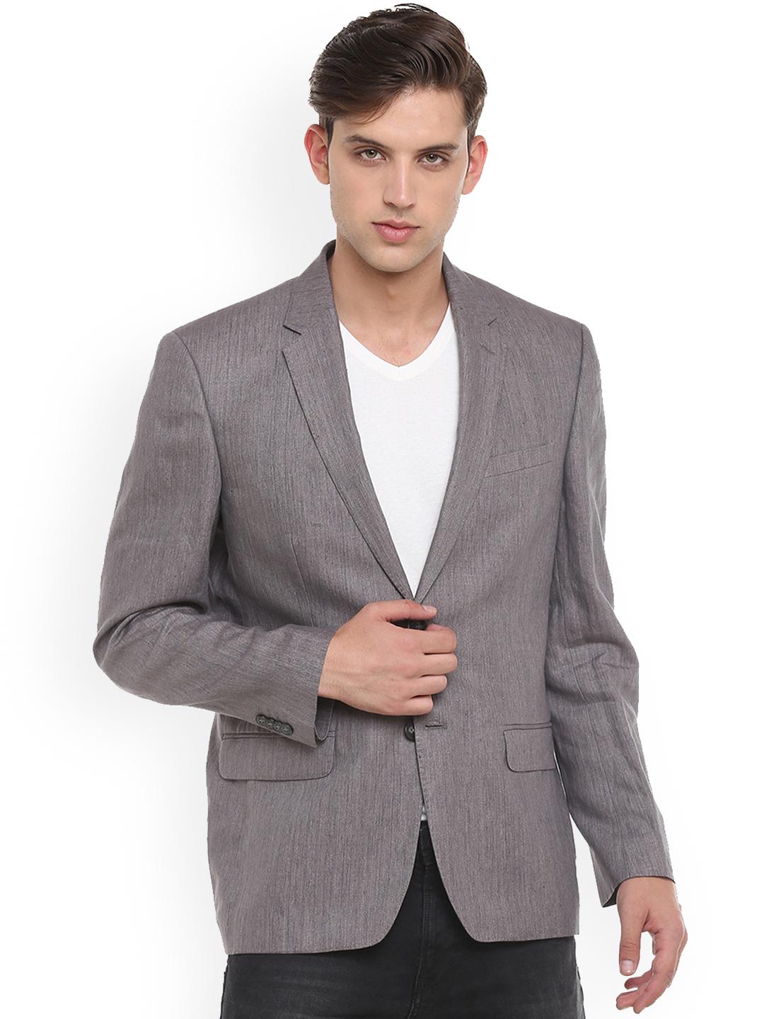 Men's Grey Solid Single Breasted Blazer