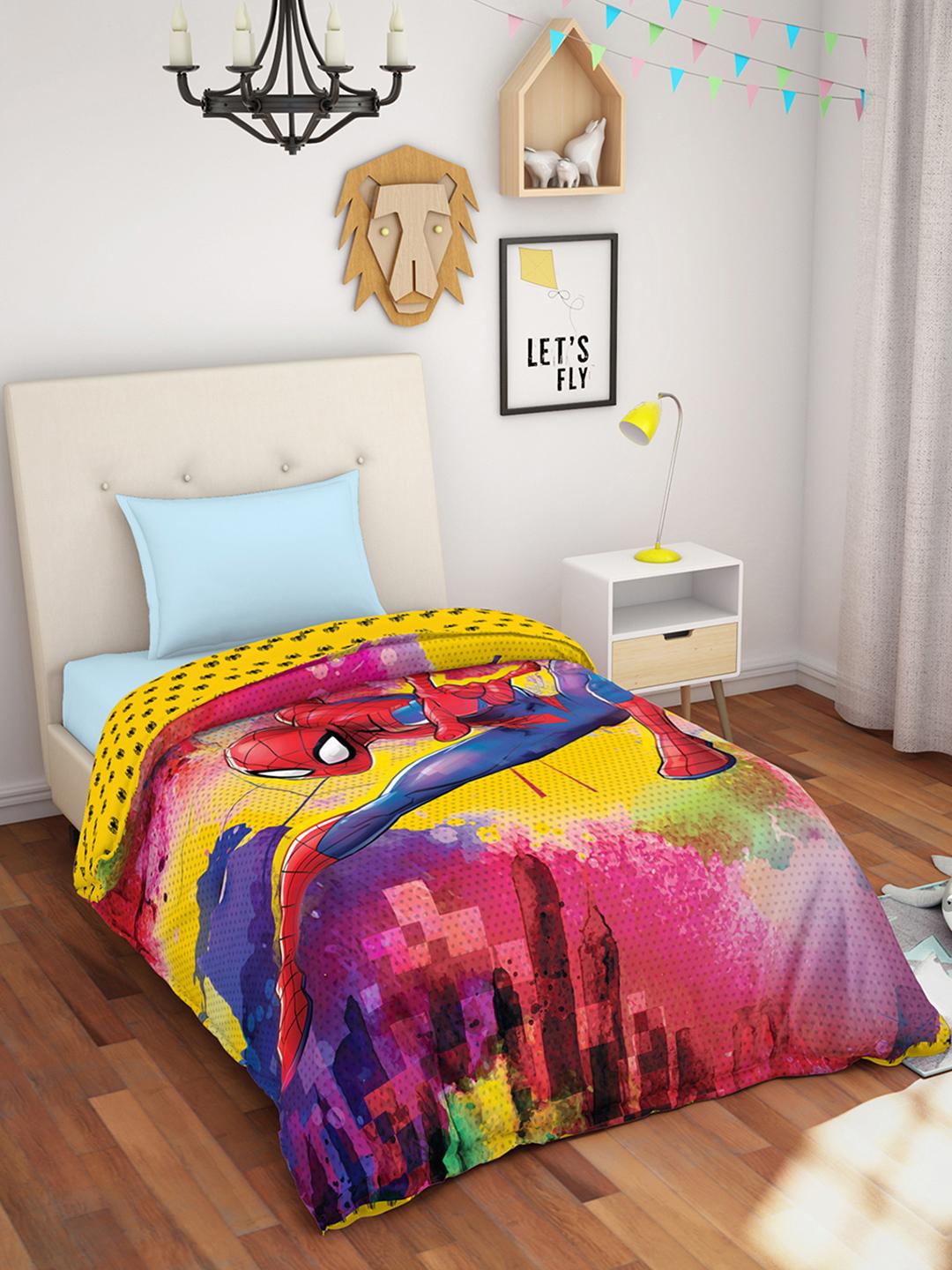 Buy SPACES Yellow & Pink Cartoon Characters AC Room 150 GSM Single Bed ...
