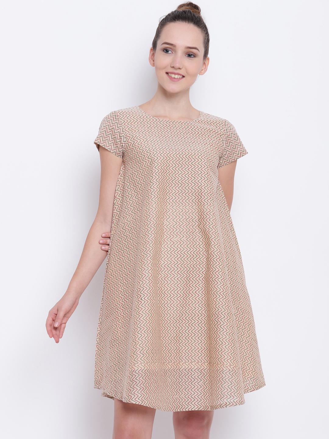 Women's Beige Printed A-Line Sleeveless Dress