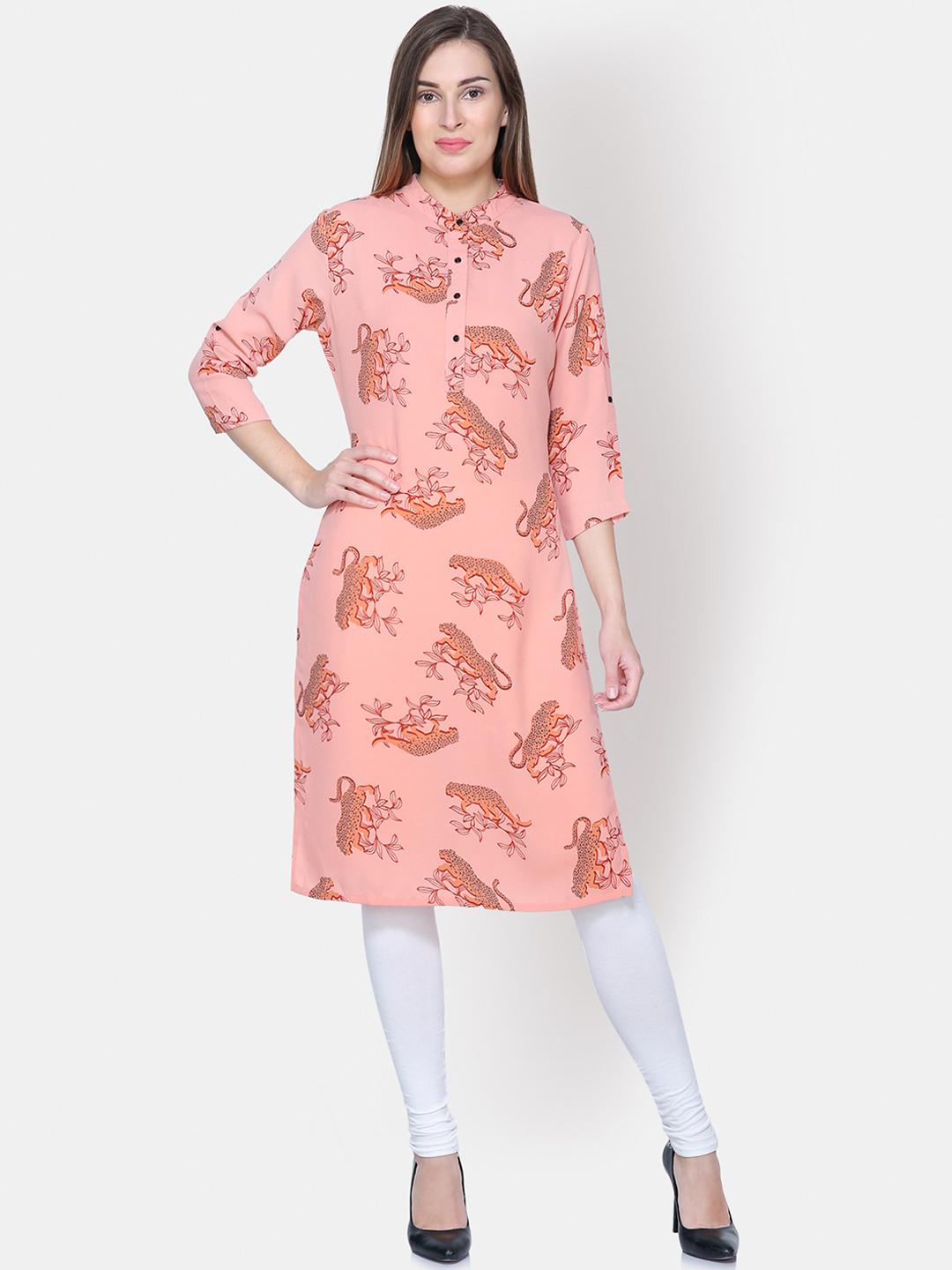 Women Peach-Coloured Printed Straight Kurta main image 1