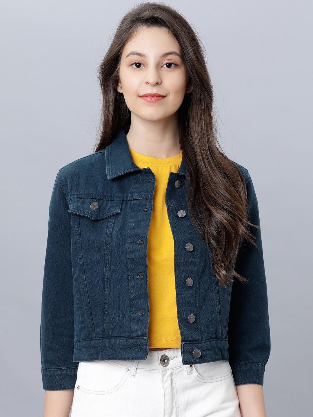 Tokyo Talkies Women Navy Blue Solid Denim Jacket
