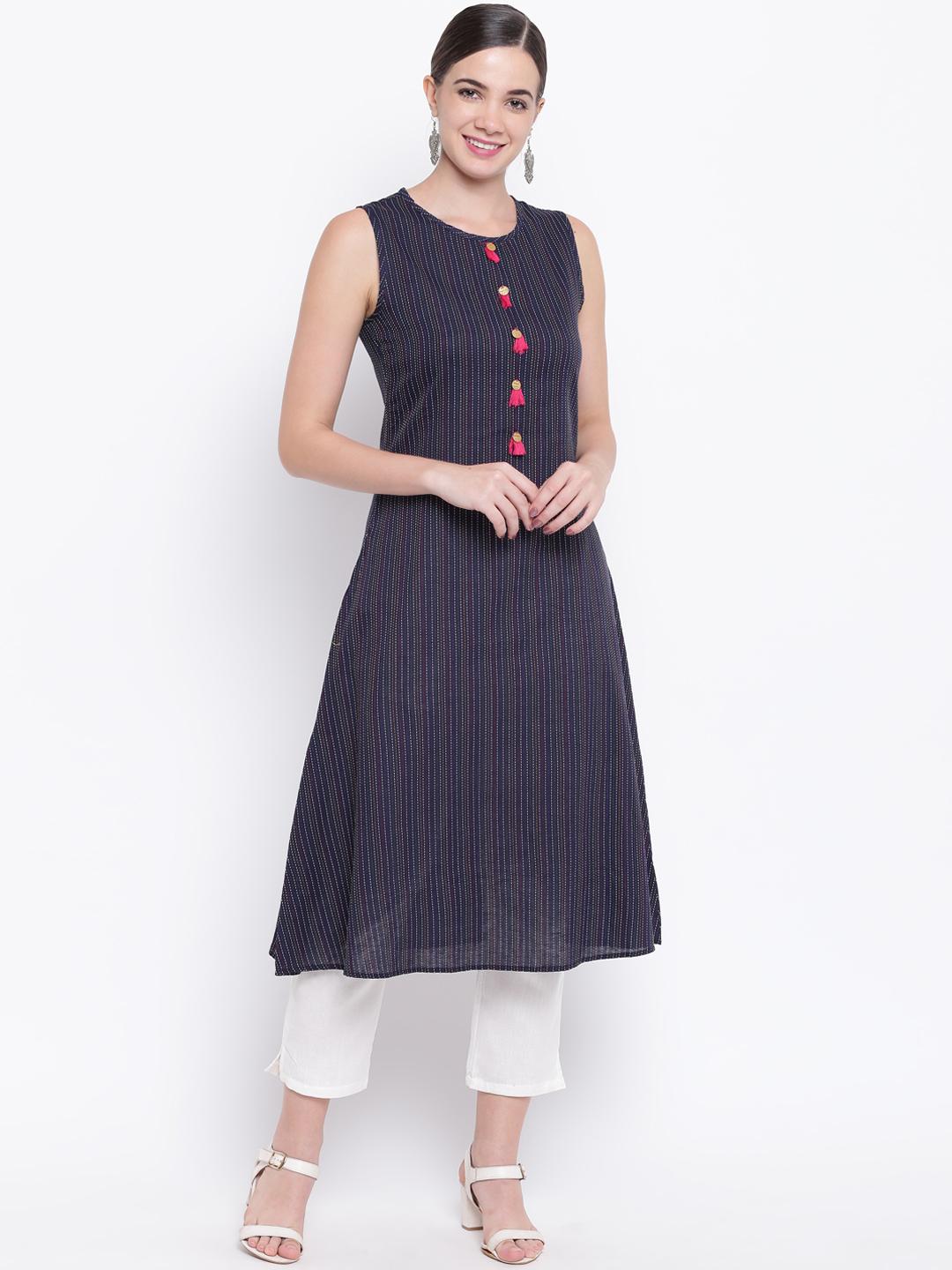 Women's Navy Blue Striped Anarkali Kurta