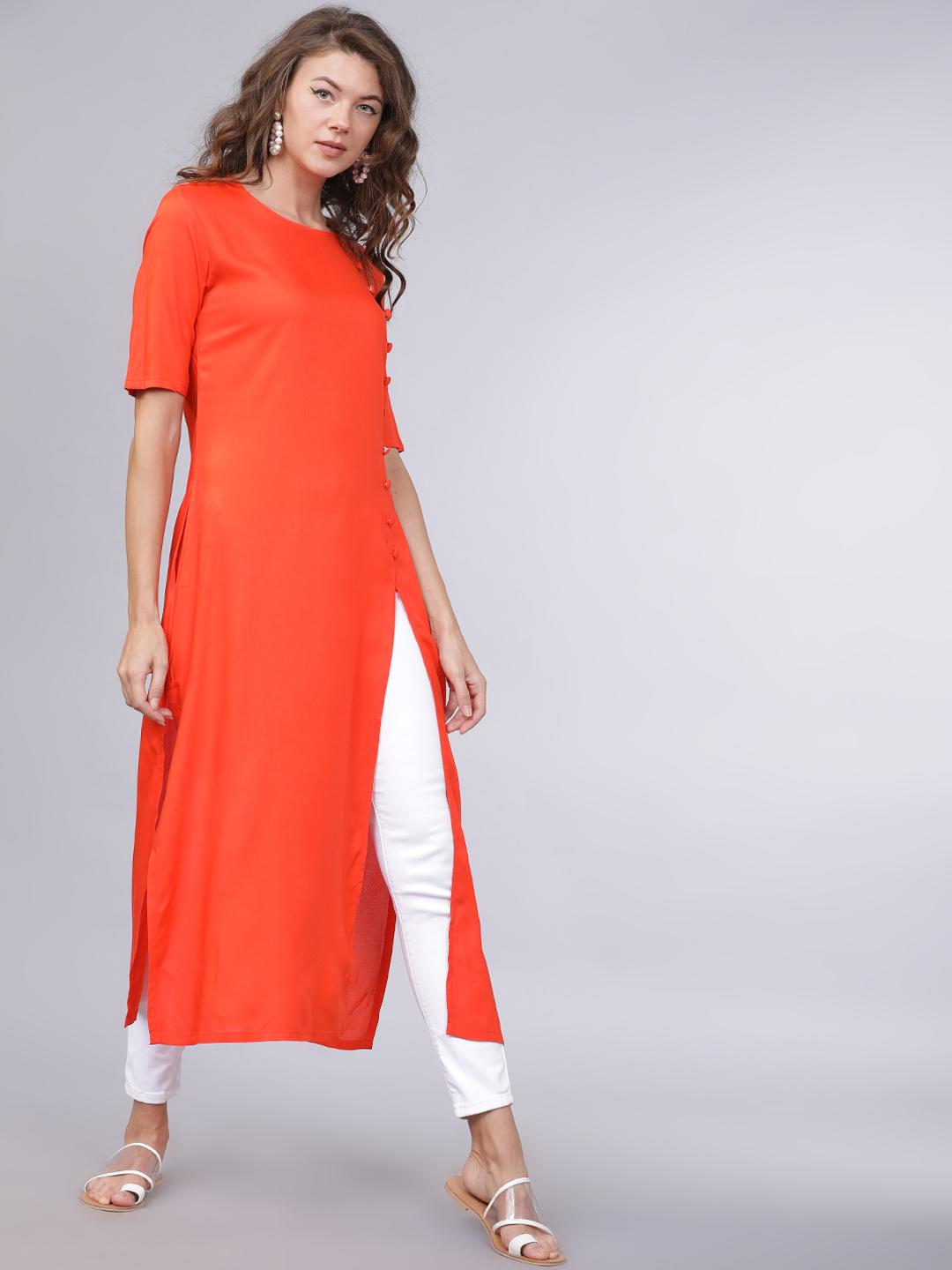 Women's Orange Solid Straight Kurta