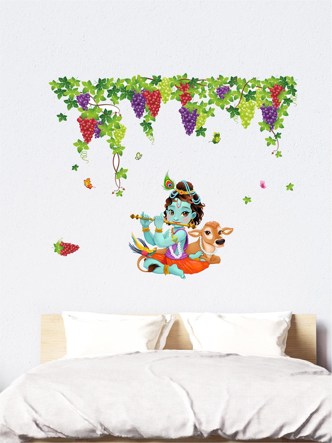 Buy Rawpockets Green & Blue Lord Krishna Playing Flute Under Grapes Garden Wall Stickers - - Home for Unisex