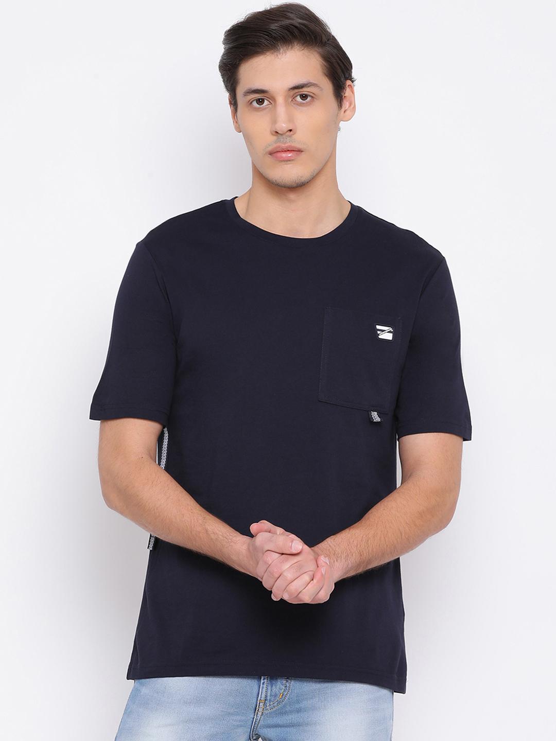 Men's Navy Blue Solid Round Neck Slim Fit Cotton T-Shirt