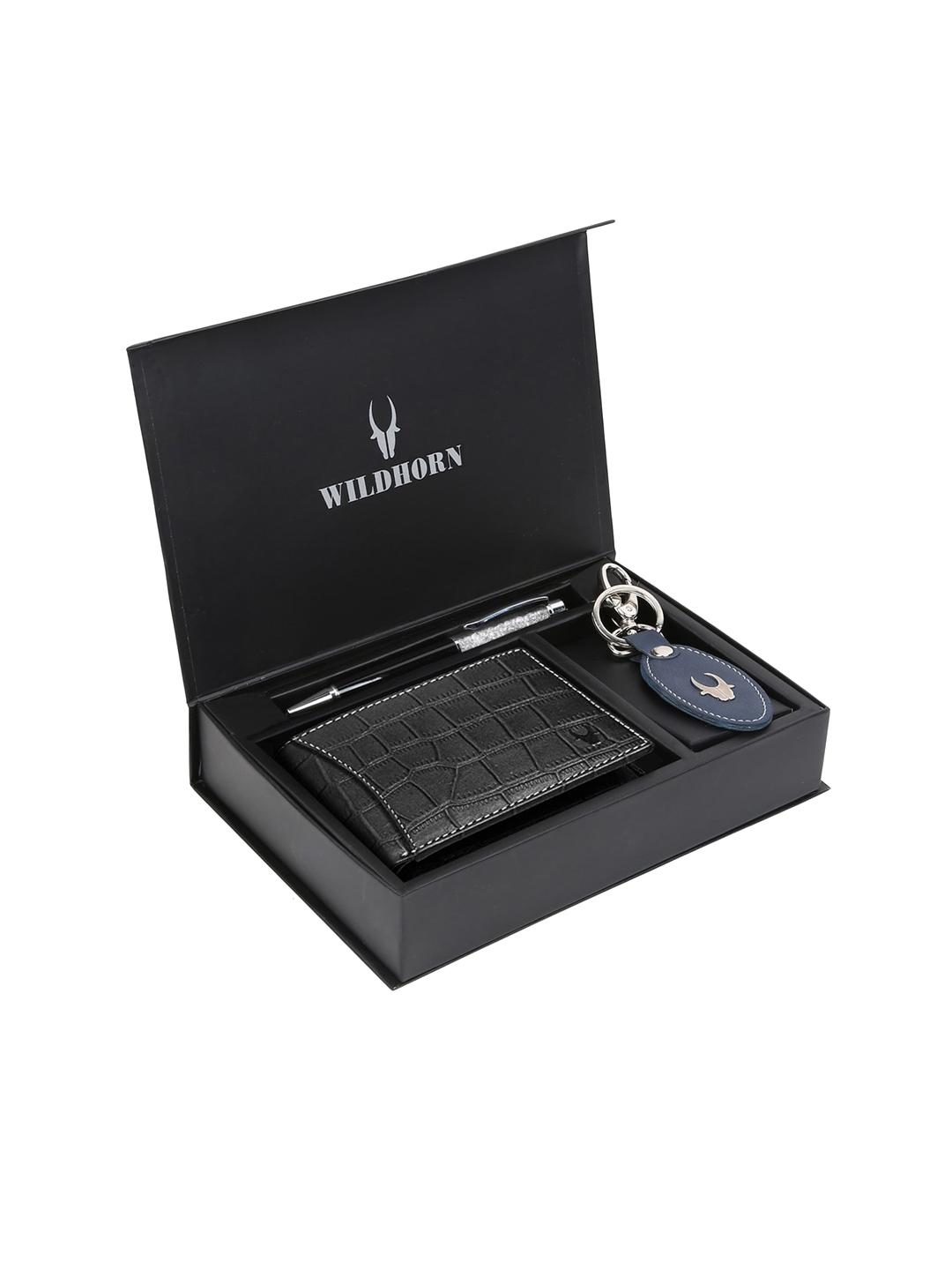 Buy WildHorn Men Black & Blue RFID Protected Genuine Leather Wallet & Pen Accessory Gift Set -  - Accessories for Men