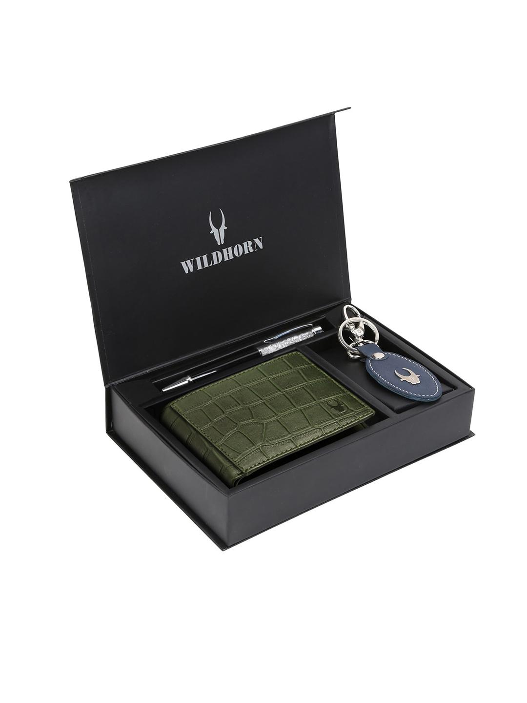 Buy WildHorn Men Green & Blue RFID Protected Genuine Leather Accessory Gift Set - - Accessories for Men