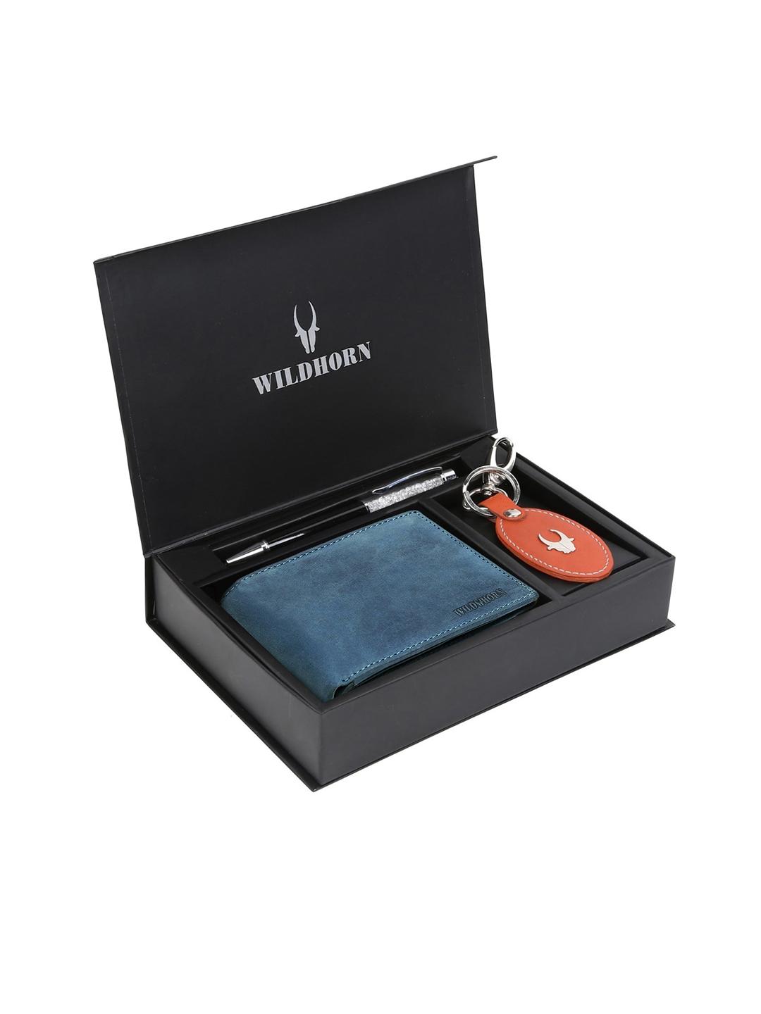 Buy WildHorn Men Blue & Orange RFID Protected Genuine Leather Accessory Gift Set - - Accessories for Men