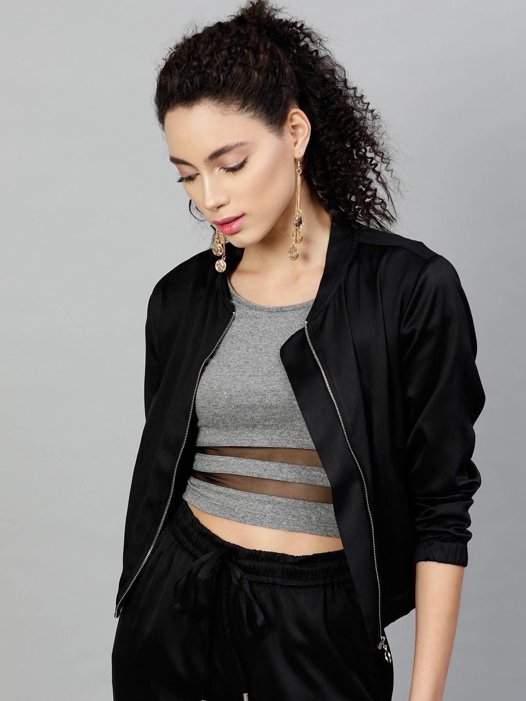 STREET 9 Women Black Solid Lightweight Bomber Jacket