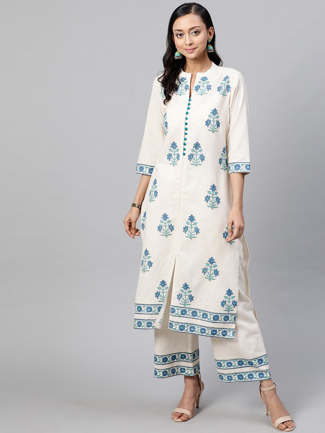 Women'S White & Blue Printed Kurta With Palazzos main image 0