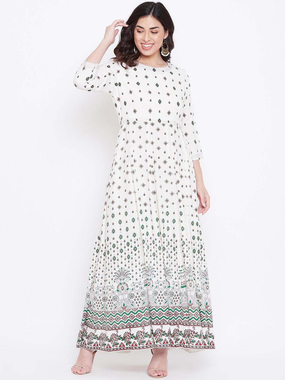 Women Green & Off-White Printed Maxi Dress