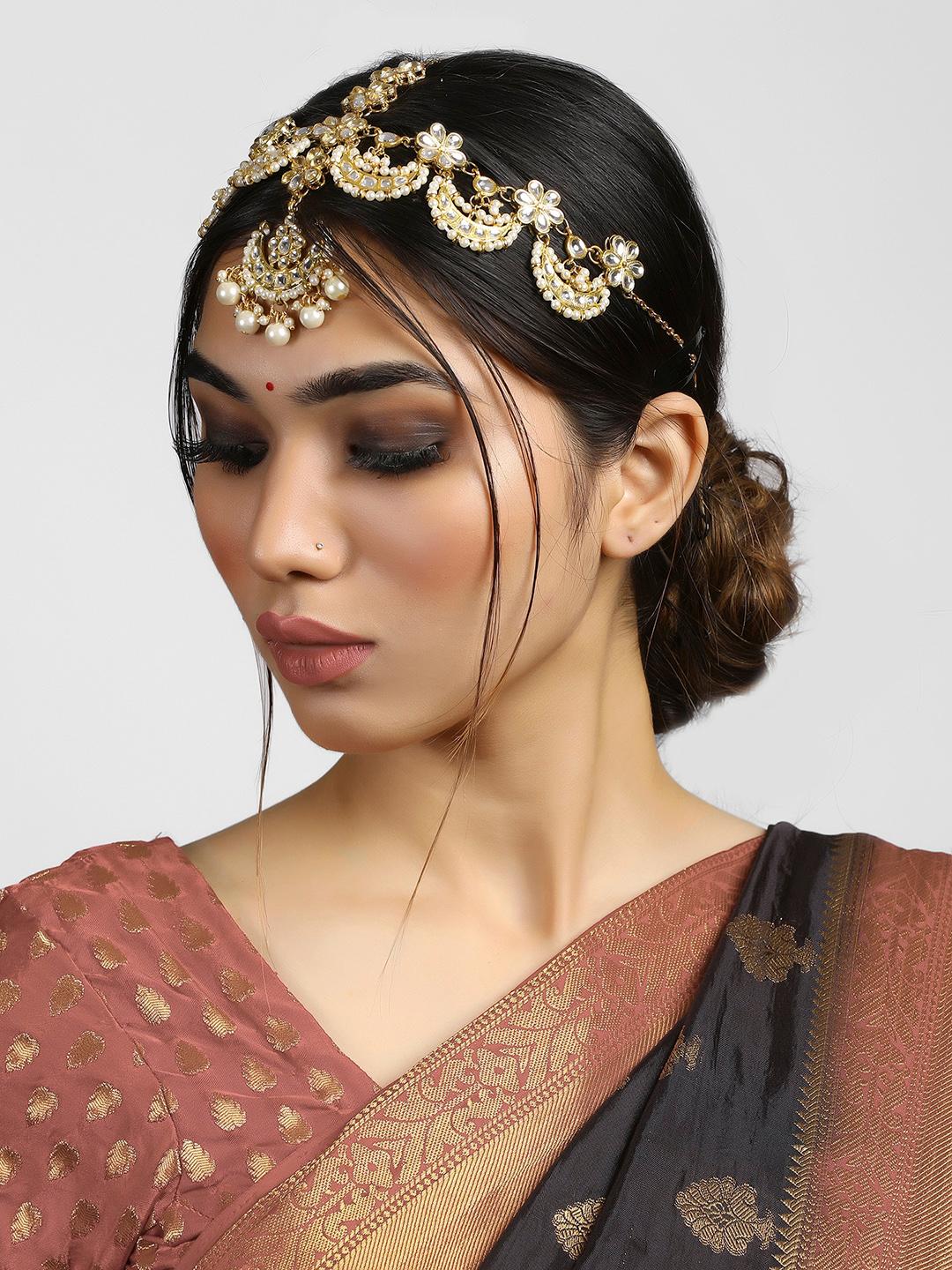 Buy KARATCART Gold Plated White Kundan Studded Pearl Beaded Handcrafted Matha Patti - - Accessories for Women