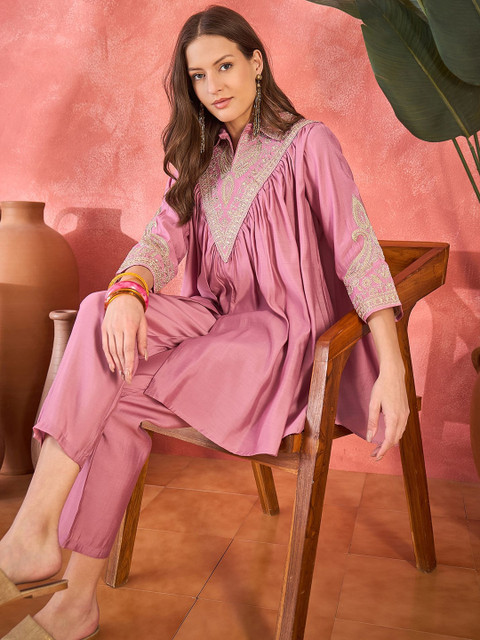 Sangria Embroidered Shirt Collar Tunic & Trousers Co-Ord Set