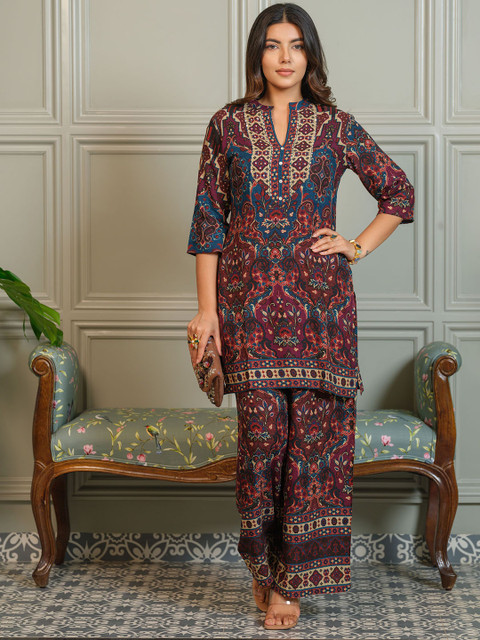 Buy Sangria Ajrak Printed Mandarin Collar Neck Top With Trousers Co Ords - - Apparel for Women
