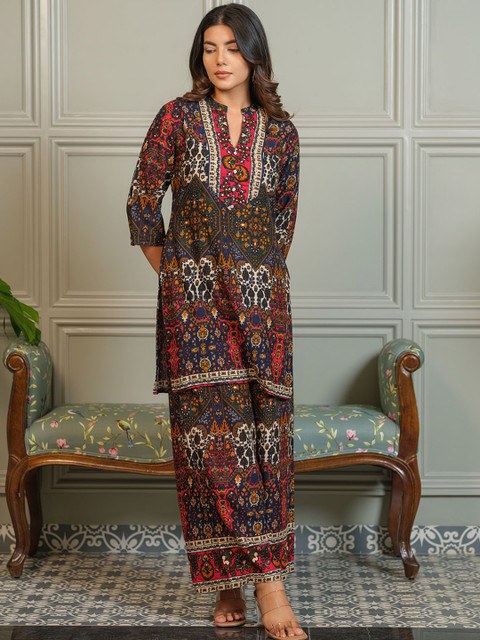 Buy Sangria Printed Mandarin Collar Neck Top With Palazzos Co Ords - - Apparel for Women