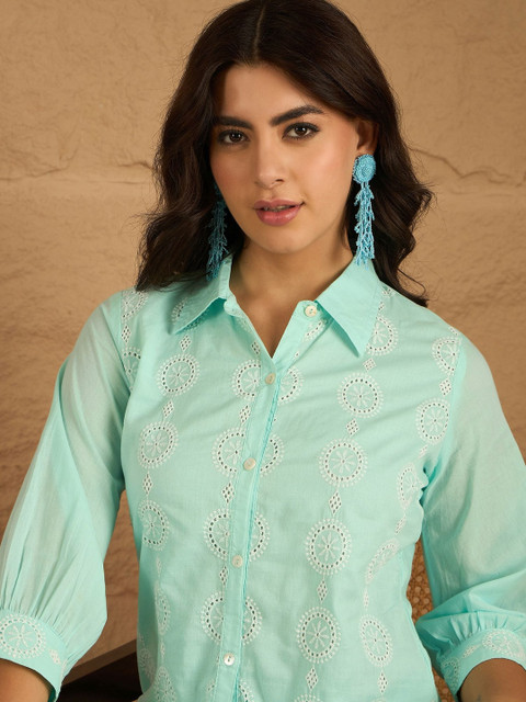 Sangria Ruffled Cotton Embroidered Shirt with Trousers